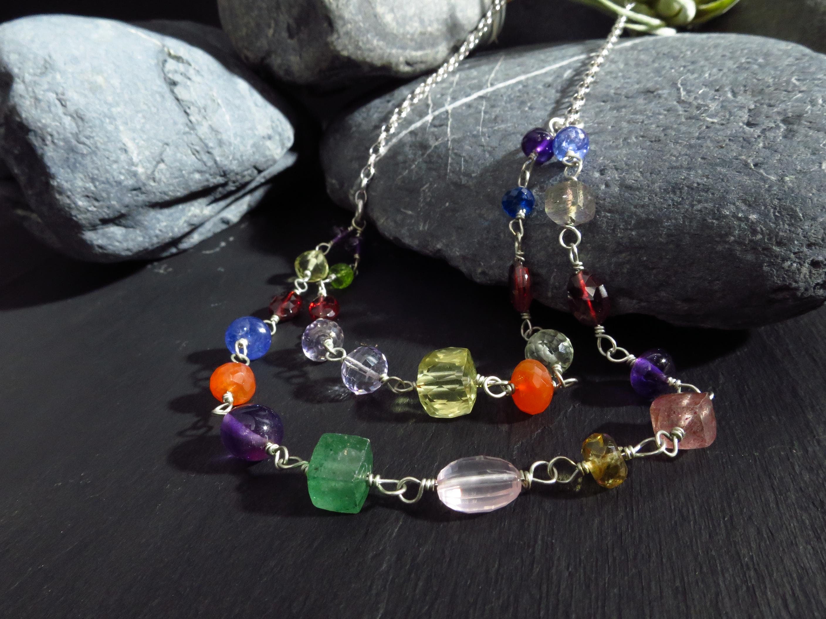 Rosary bunt Silber Edelstein Kette Rosenkranz Argentium Silber Edelstein Tansanit Halskette Silber rhodiniert Rosenkranz unikat Collier