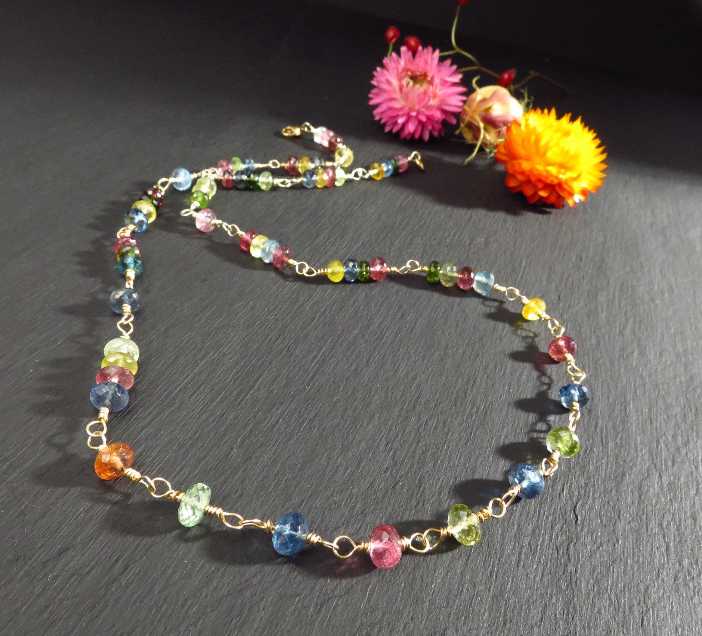 Turmalin Gold Kette Turmalin bunt Gold Collier Rosary Turmalin solid 9kt Gold Halskette AAA Qualität Turmalin Collier bunt Edelstein Kette