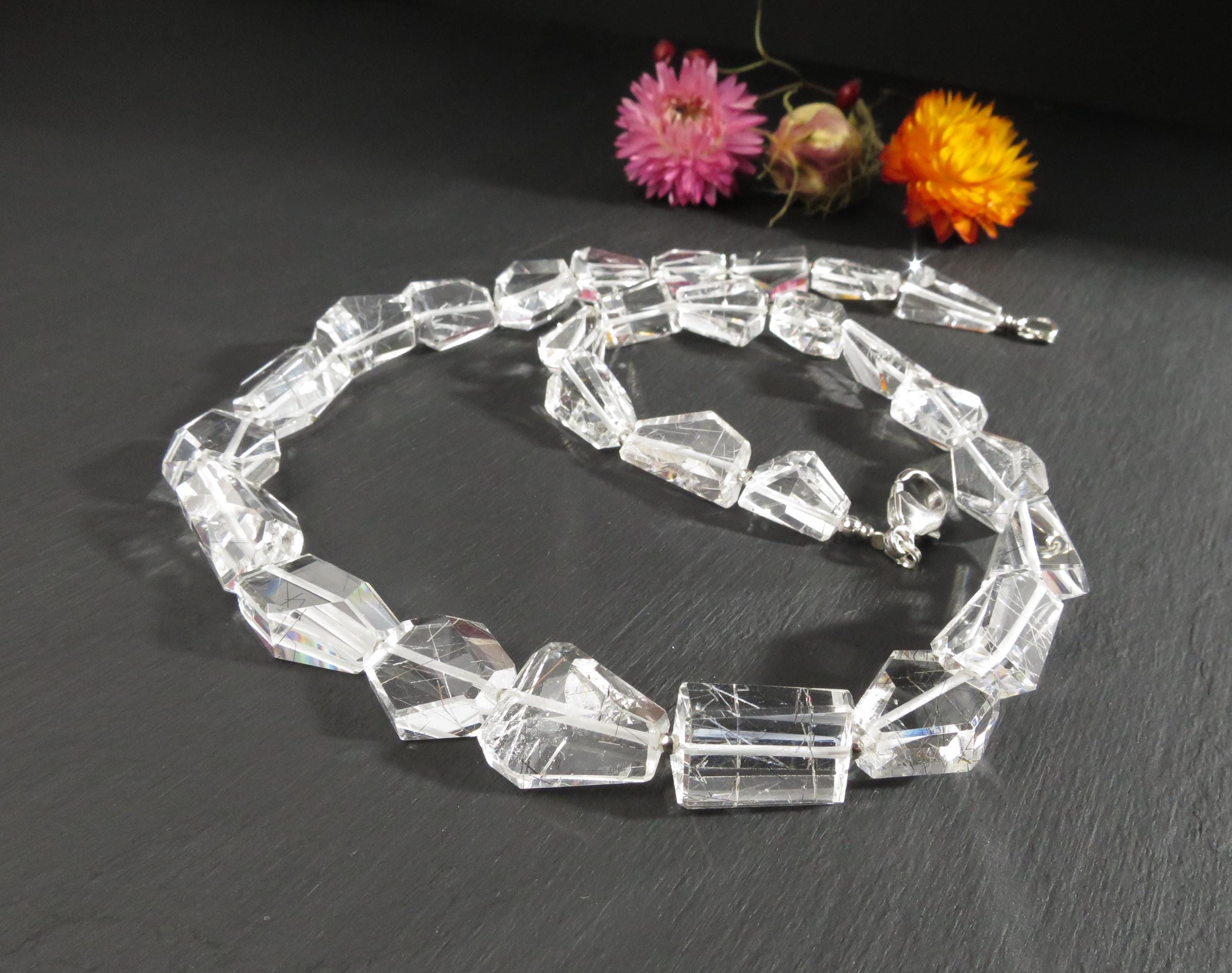 Rutilquarz Collier Silber Rutilquarz Halskette Brasilien Free Form Rutilquarz Kette Silber Natürlicher Edelstein Rutilquarz Große Perlen