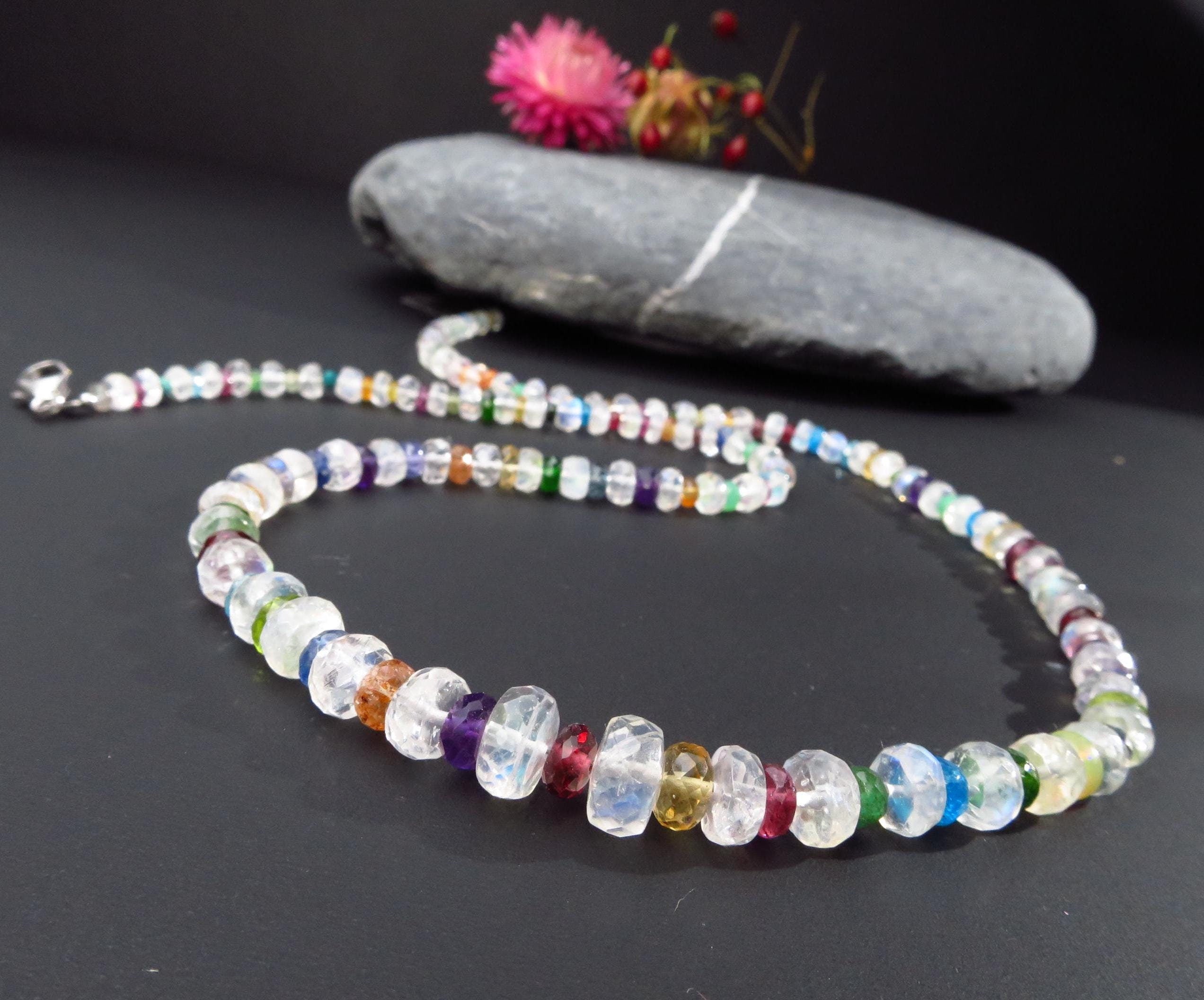 Mondstein Kette Silber Regenbogen Mondstein Collier bunte Edelstein Kette Saphir Turmalin Kette Rubin Peridot Silber Natur Edelstein Kette