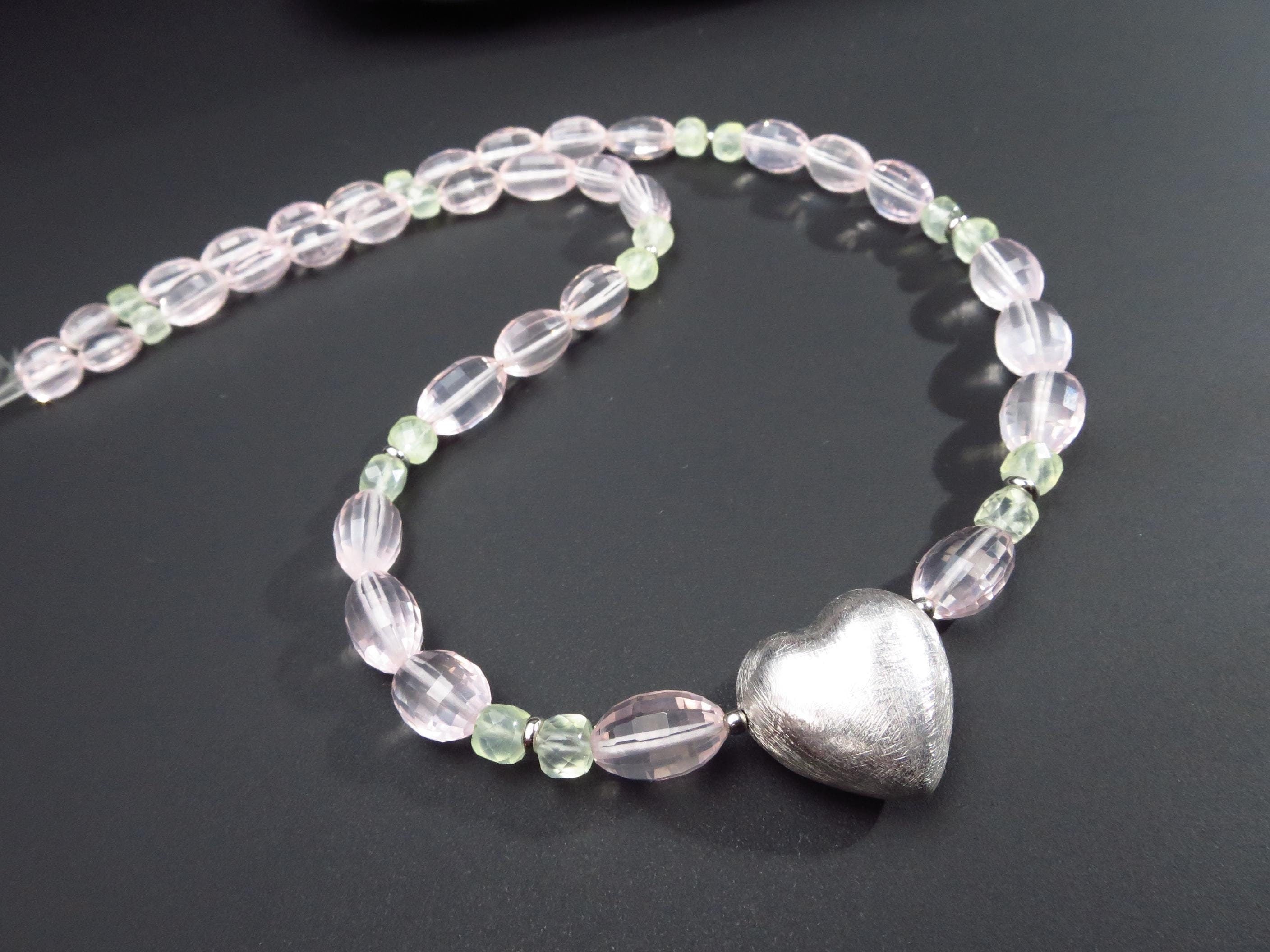 Rosenquarz Kette Silber karer Natur Rosenquarz Collier Silber Herz Anhänger Unikat Halskette Herz Prehnit Natur Edelstein Kette Rosa Stein