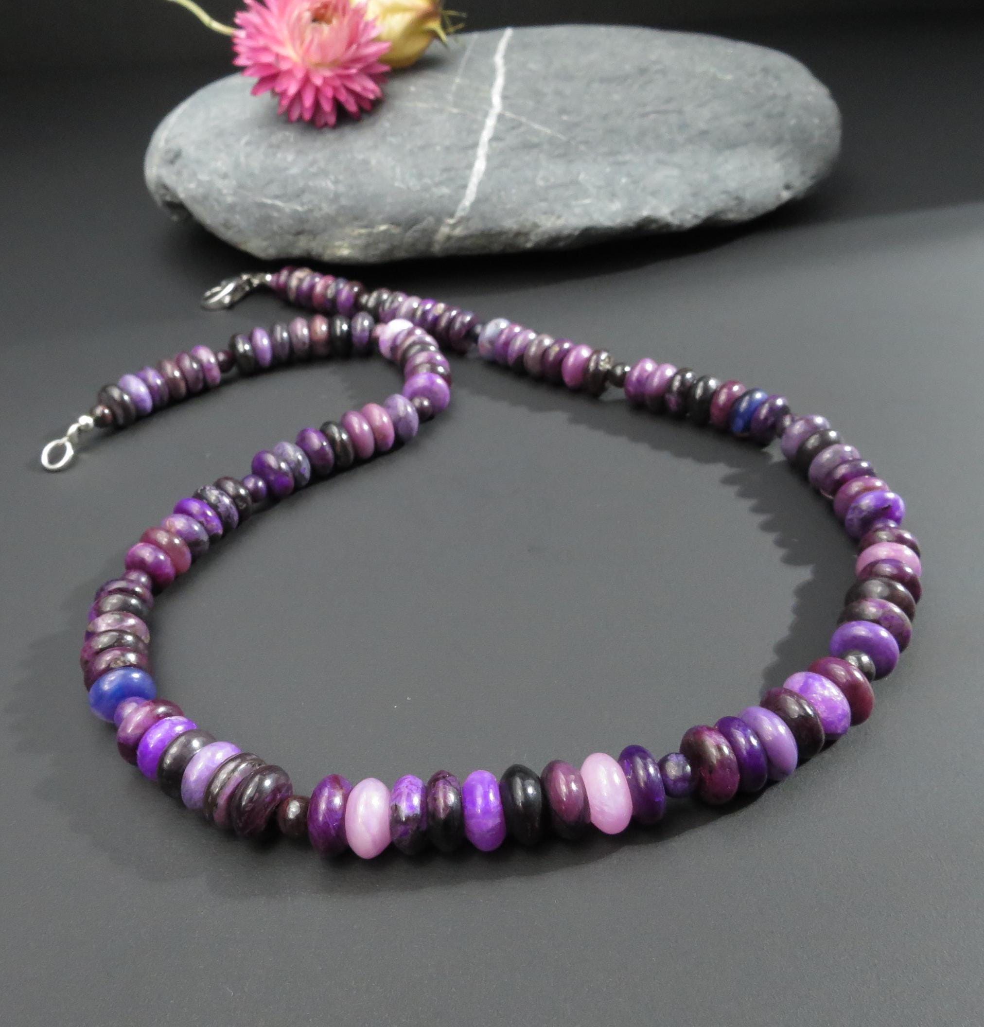 Sugilith Kette Silber echte Sugilit Halskette Rondelle Lila Edelstein Collier Sugilith unbehandelte Sugilith Perlen Kette Afrika Sugilit