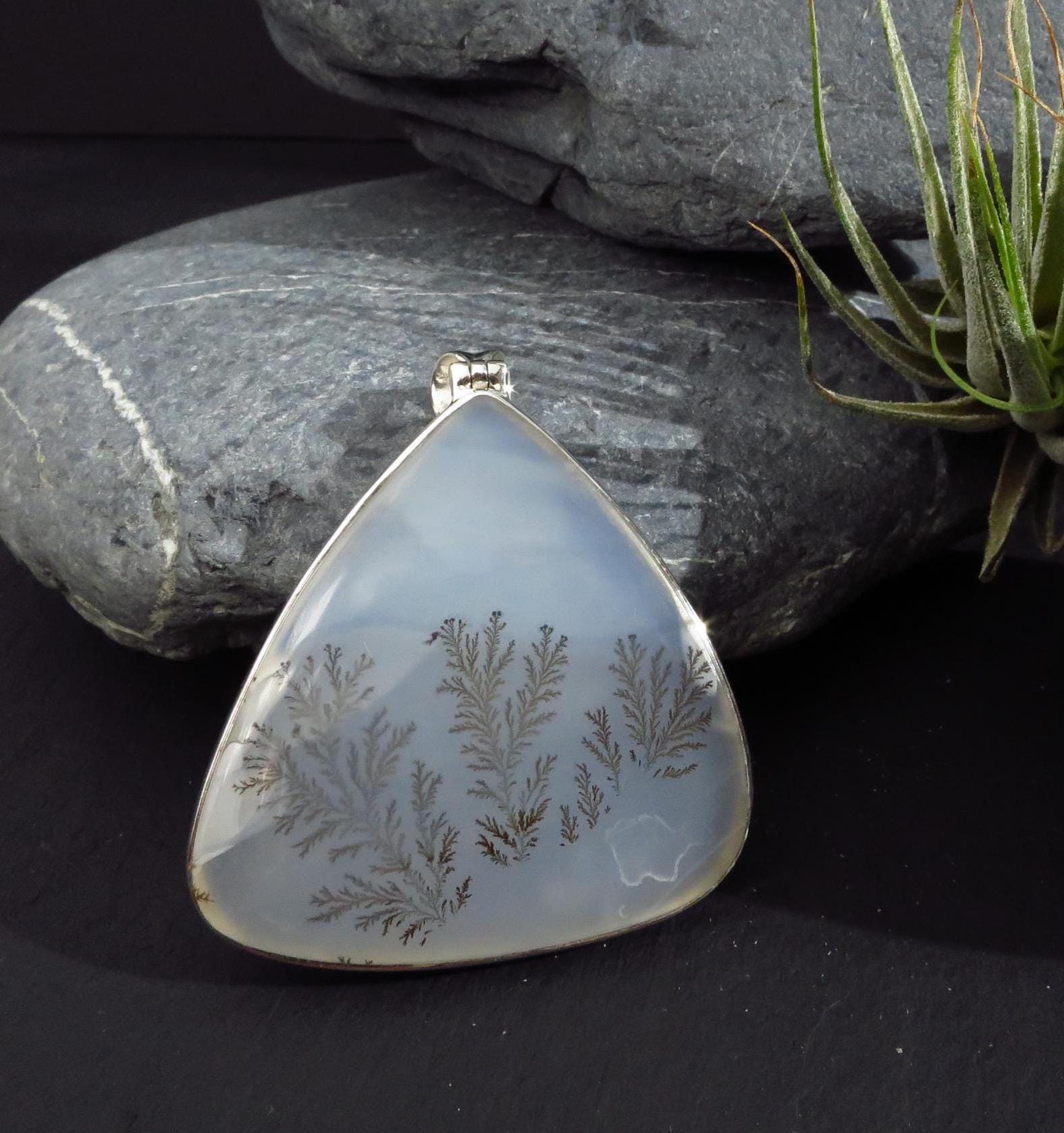 Dendrit Achat Silber Anhänger weißer Dendrit Flocke Naturstein Silber Anhänger Dendrit Unikat Kettenanhänger Unikat Silber großer Anhänger