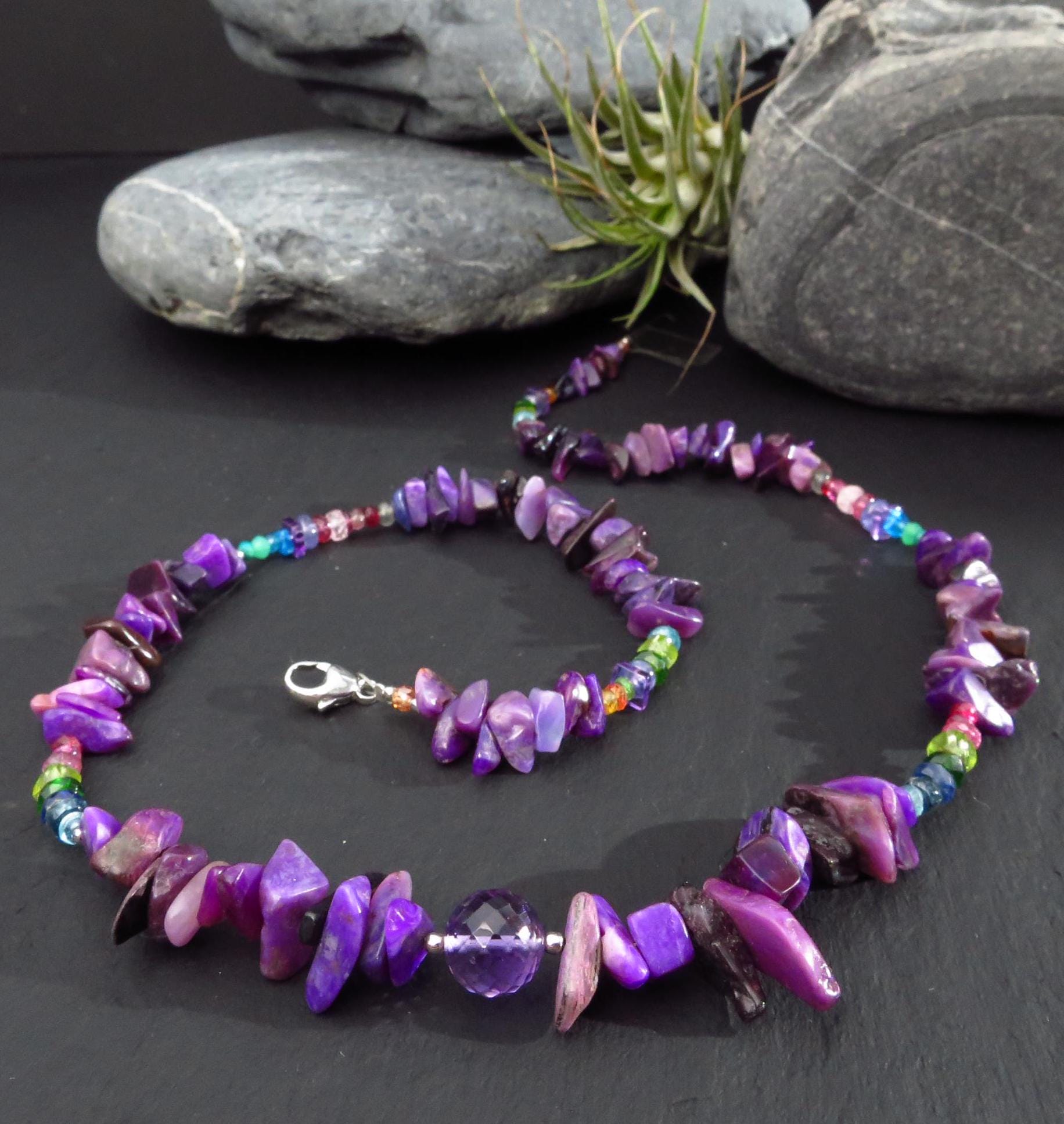 Sugilith Kette Silber Sugilith Splitter Kette Silber unbehandelte Sugilit Collier Edelstein Natur intensive Lila Sugilith Halskette Silber