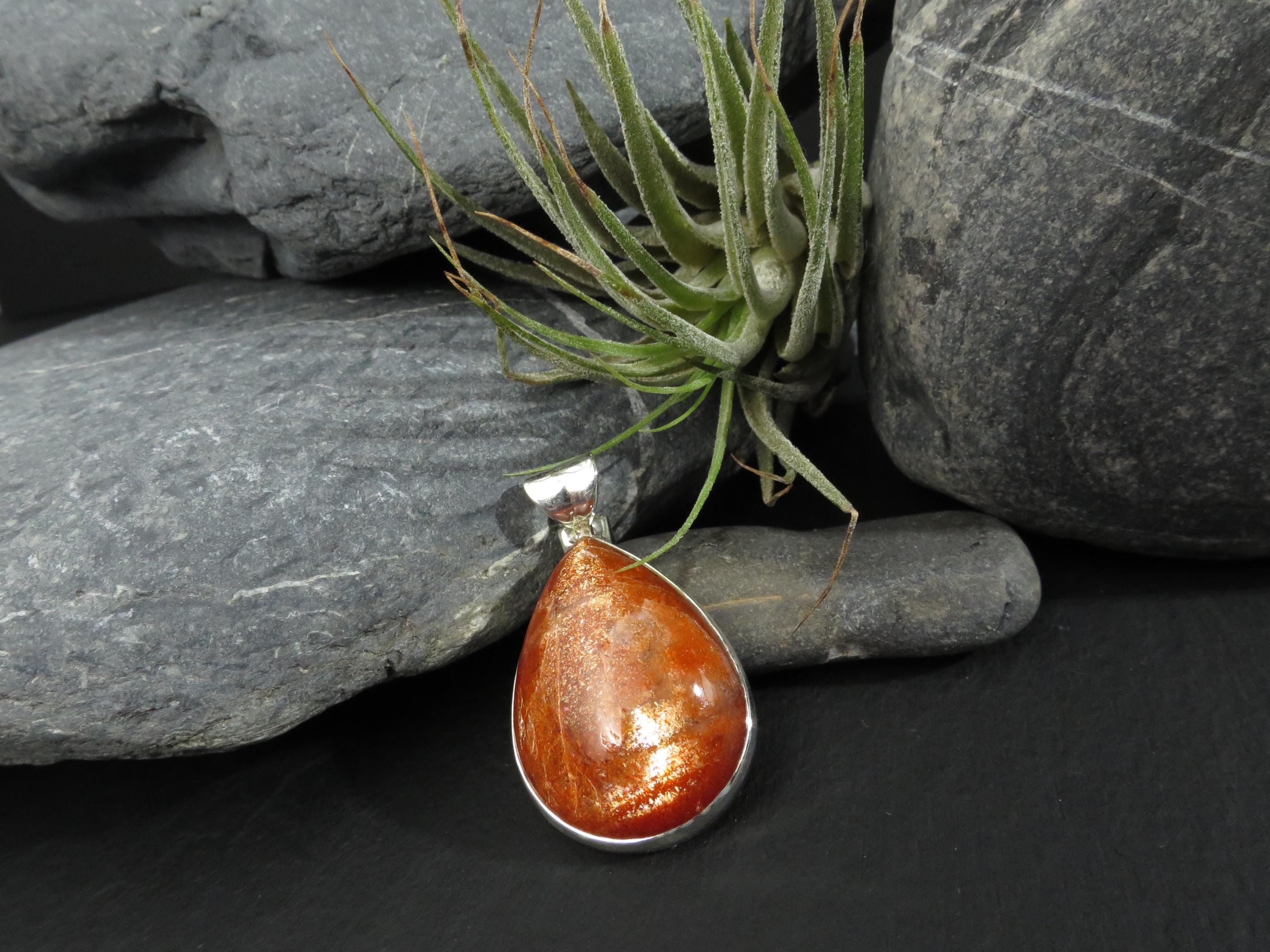 Großer Tropfen Sonnenstein Anhänger Sterling Silber