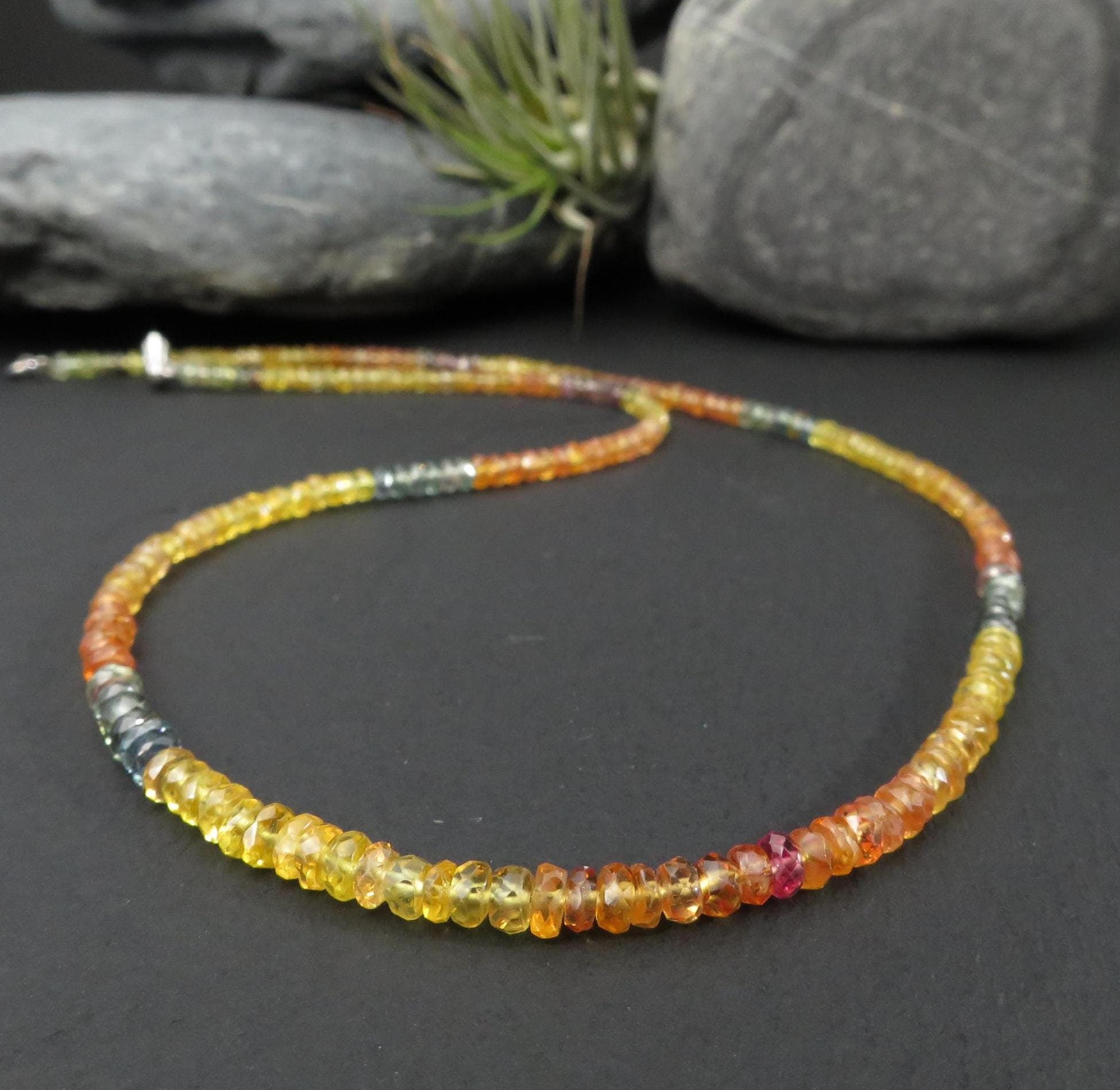 Saphir Kette Silber Orange Saphir Collier Silber Edelstein Multi Saphir Halskette gelb Saphir Kette Silber Verschluss