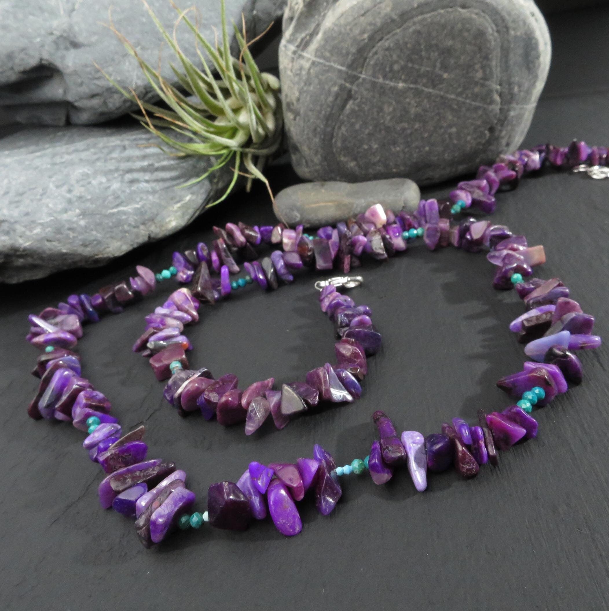 Sugilith Kette Silber Sugilith Splitter Kette Silber unbehandelte Sugilit Collier Edelstein Natur Lila Sugilith Halskette lang Silber