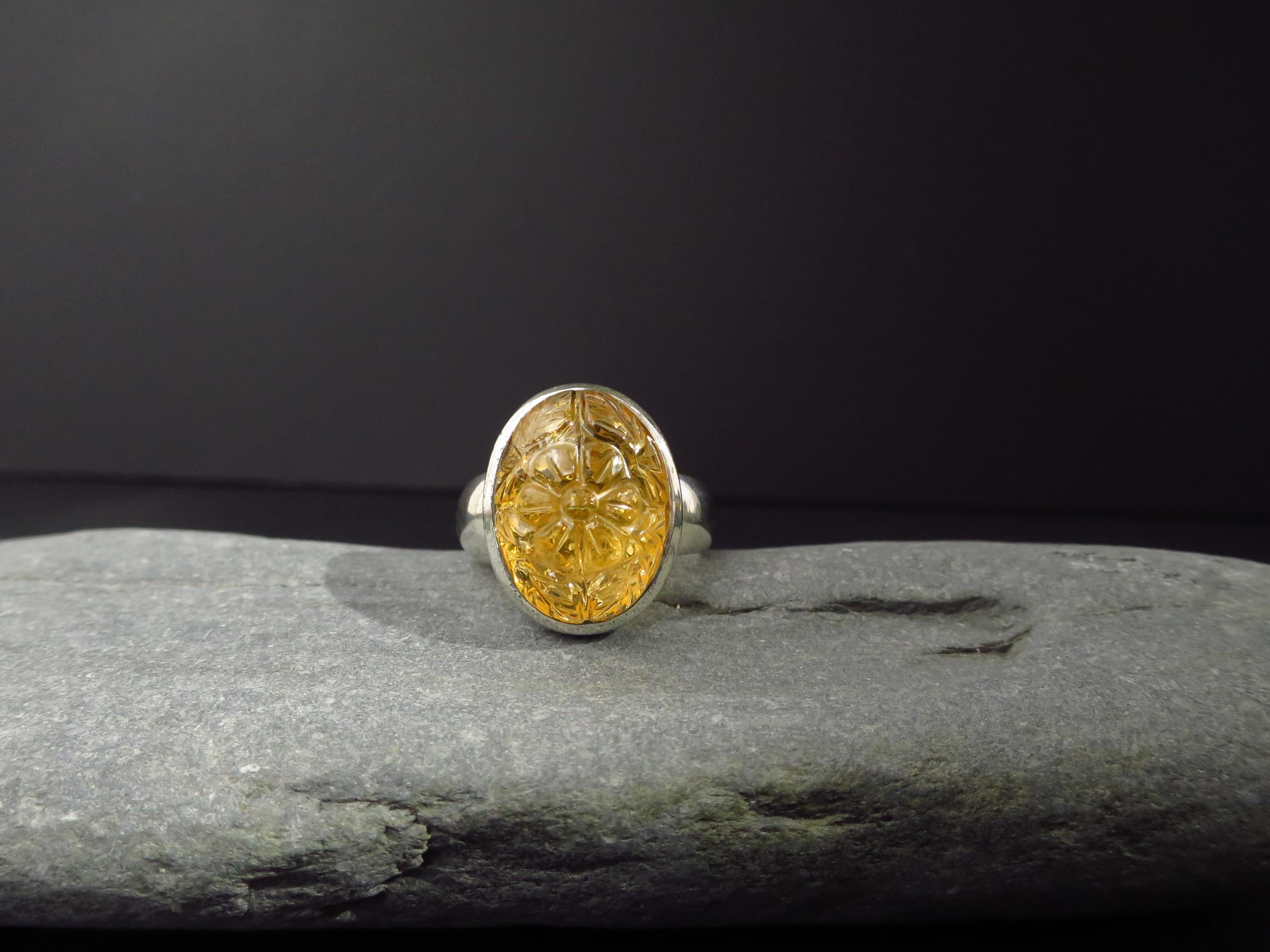 Citrin Ring Silber gravierter Edelstein Ring gelb Gr 8