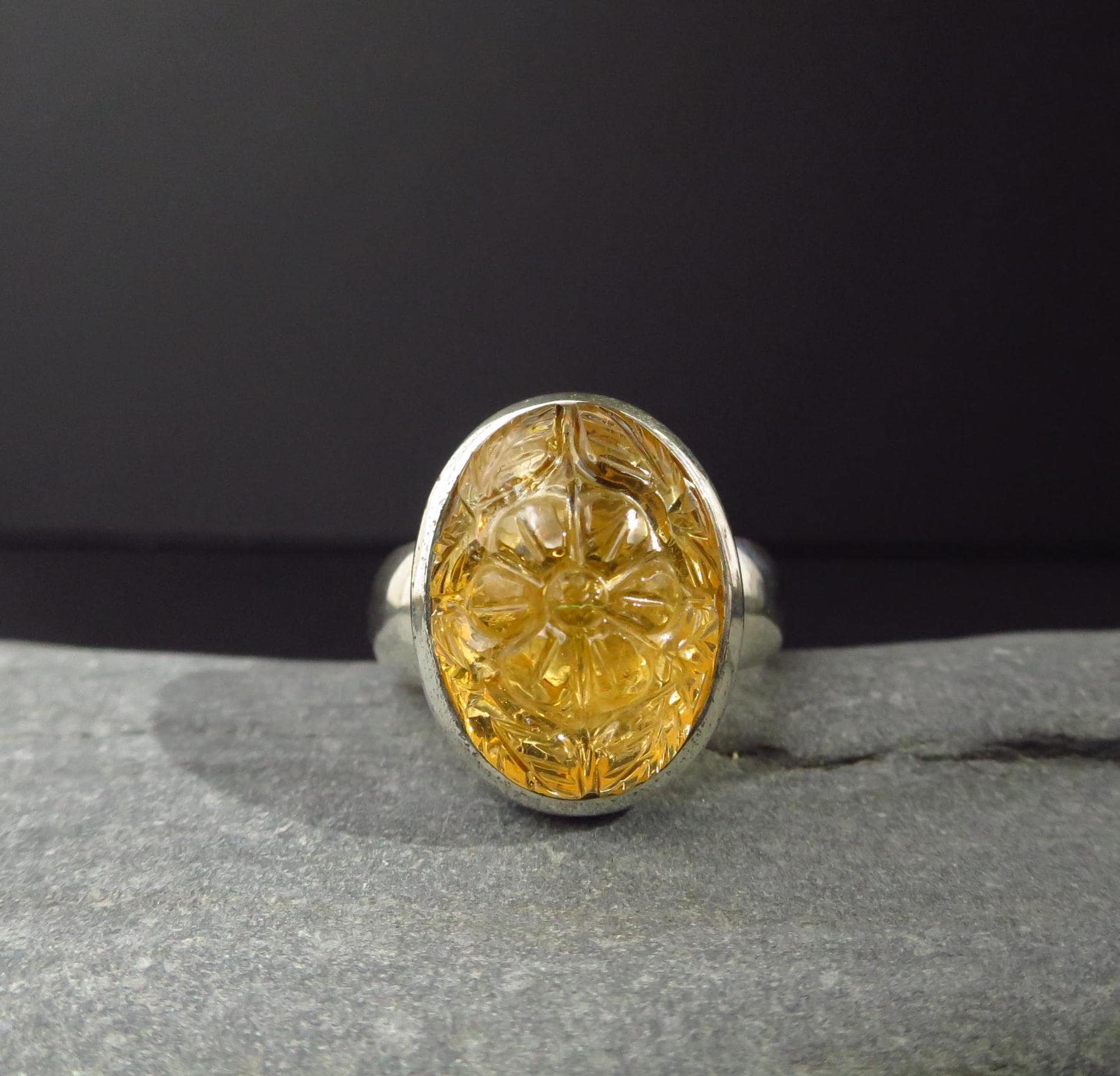Citrin Ring Gr8 Silber gravierter Zitrin Ring gelb Edelstein Natur Citrin Ring Blume Unikat Ring Silber Zitrin Ring Graviert