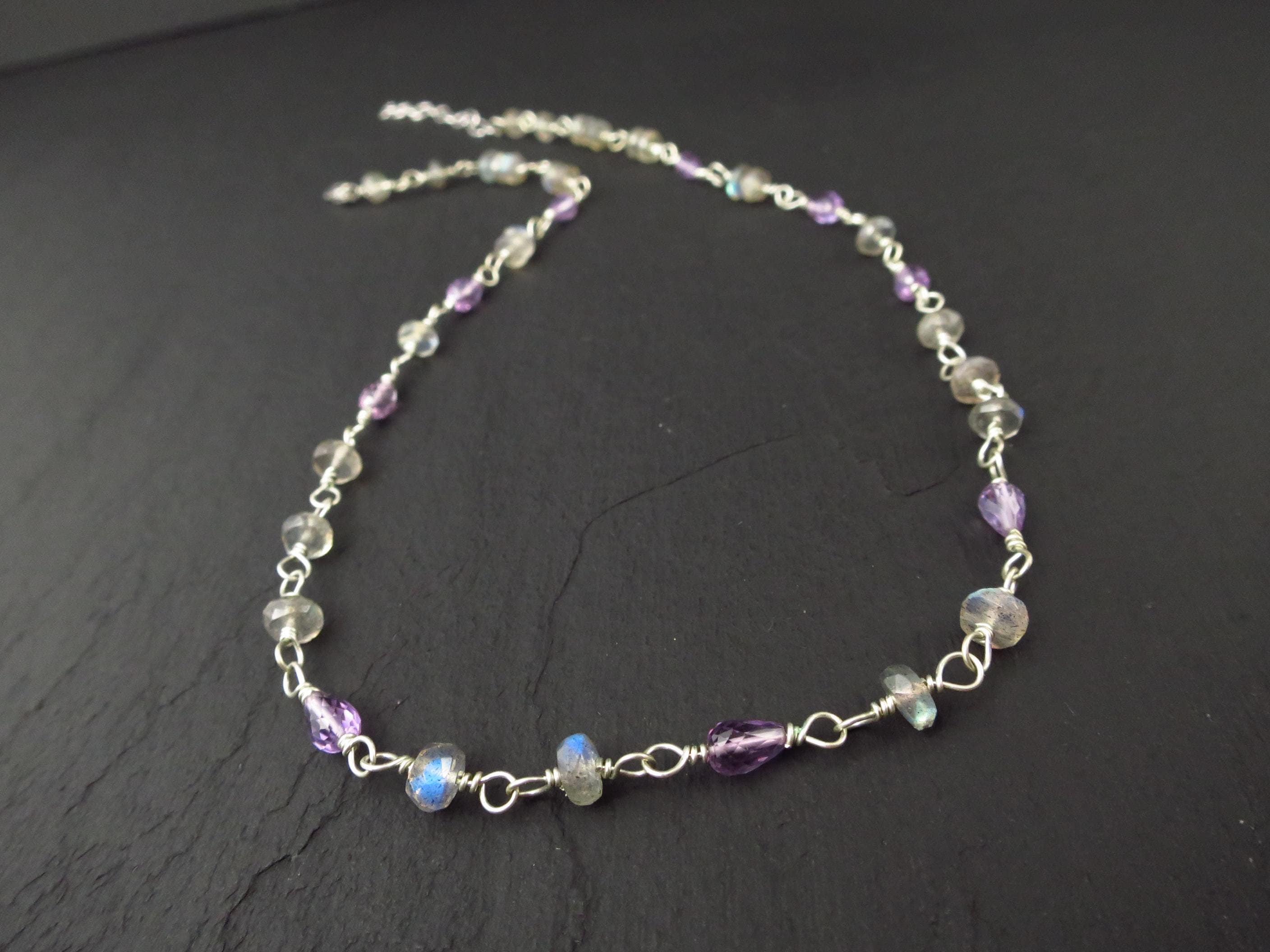 Amethyst Labradorit Kette Rosenkranz Argentium Silber Edelstein Bunte Kette Sterling Silber rhodiniert Verschluss handgemacht Rosary Silber