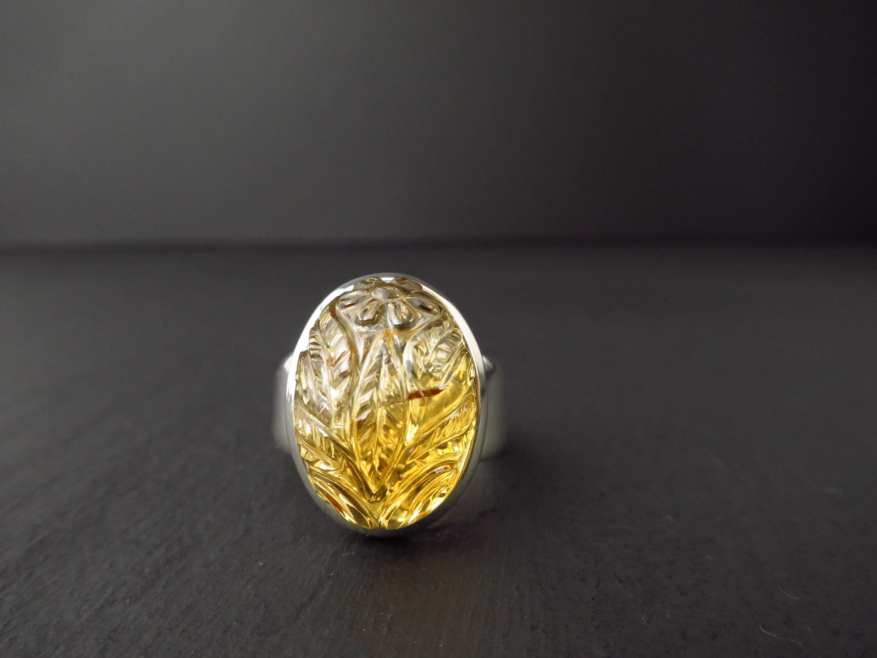 Citrin Ring Silber Citrin Graviert Silber Ring Silber Citrin gelber Edelstein gravierte Blume Citrin geschnitzt Zitrin Ring Unikat