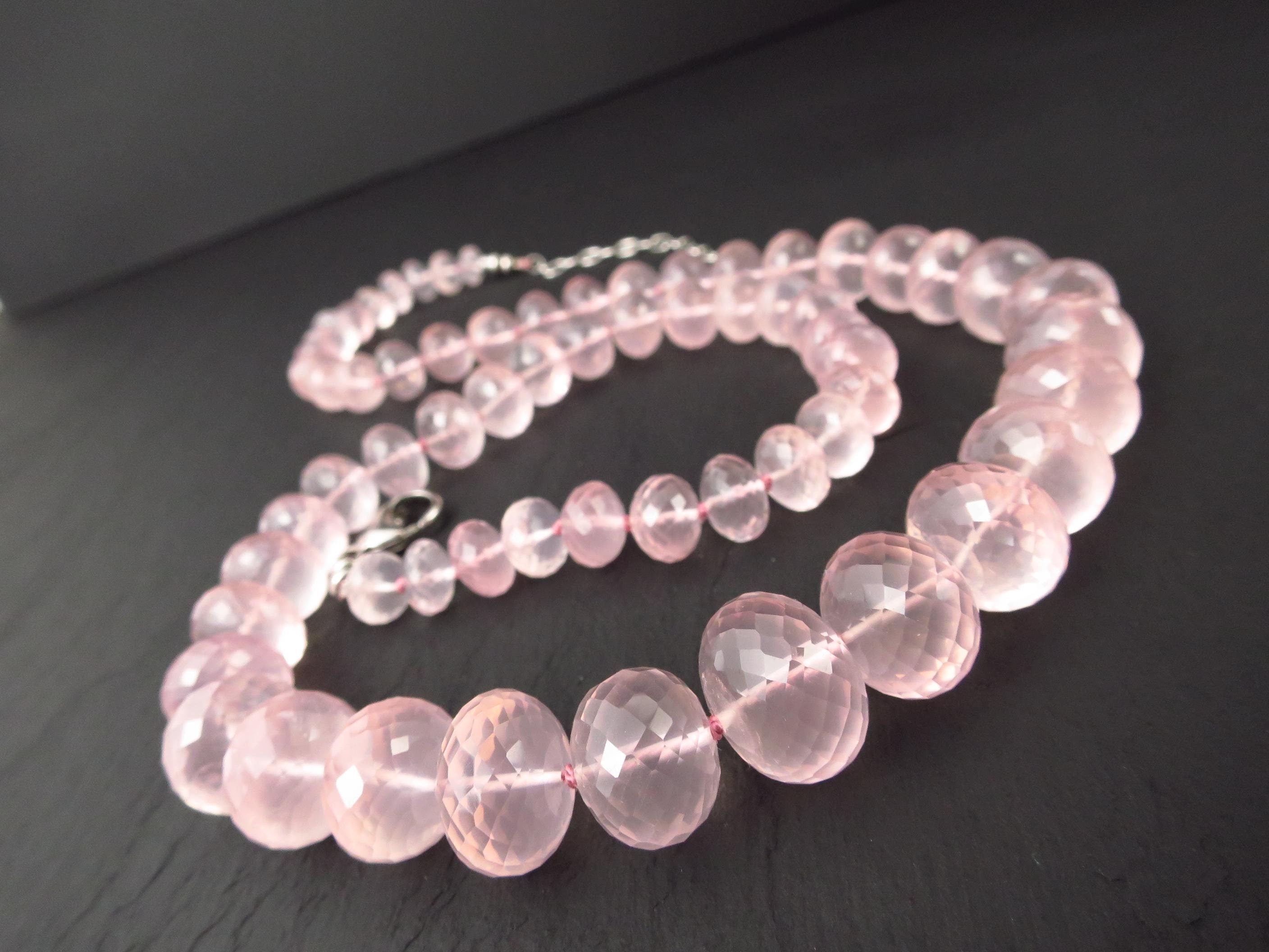 Rosenquarz Kette Silber Rosenquarz lange Halskette rosa Edelstein Rosenquarz Silber rhodiniert Stein Kette Seide Rosenquarz Kugel Kette