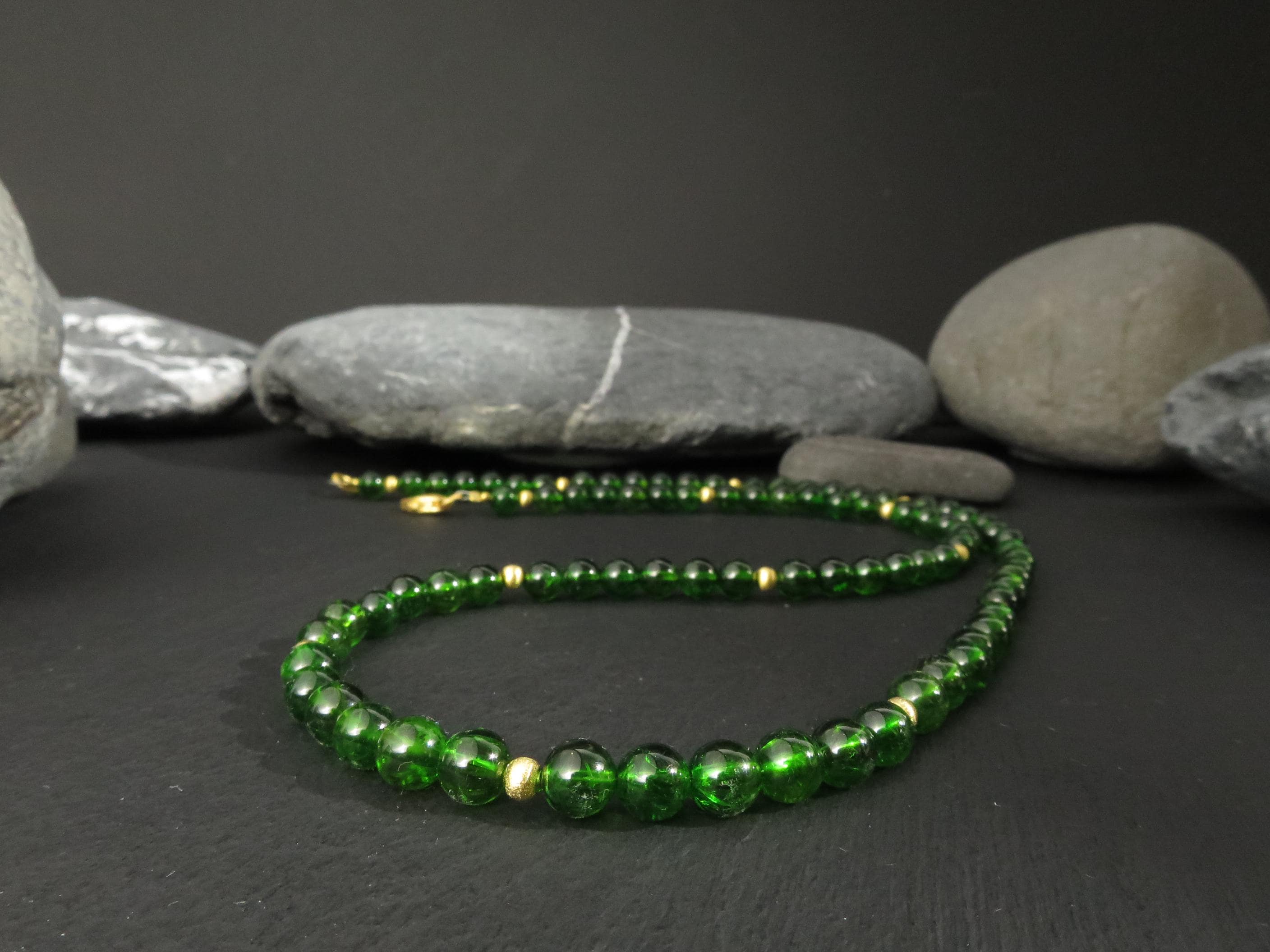 Chromdiopsid Edelsteinkette 49cm Silber vergoldet grün