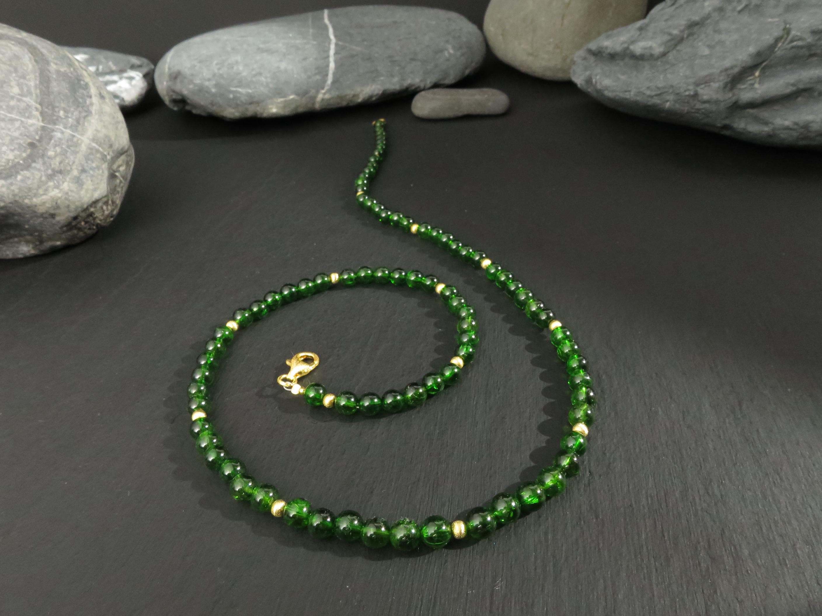 Chromdiopsid Edelsteinkette 49cm Silber vergoldet grün