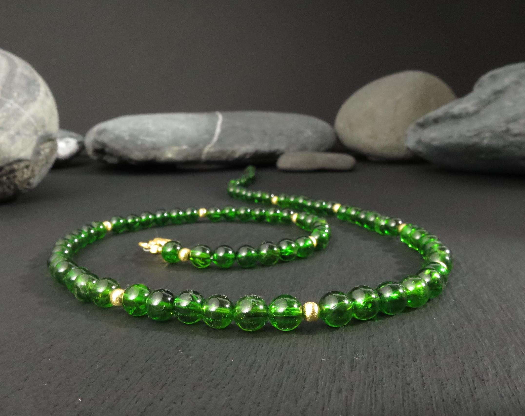 Chromdiopsid Edelsteinkette 49cm Silber vergoldet grün