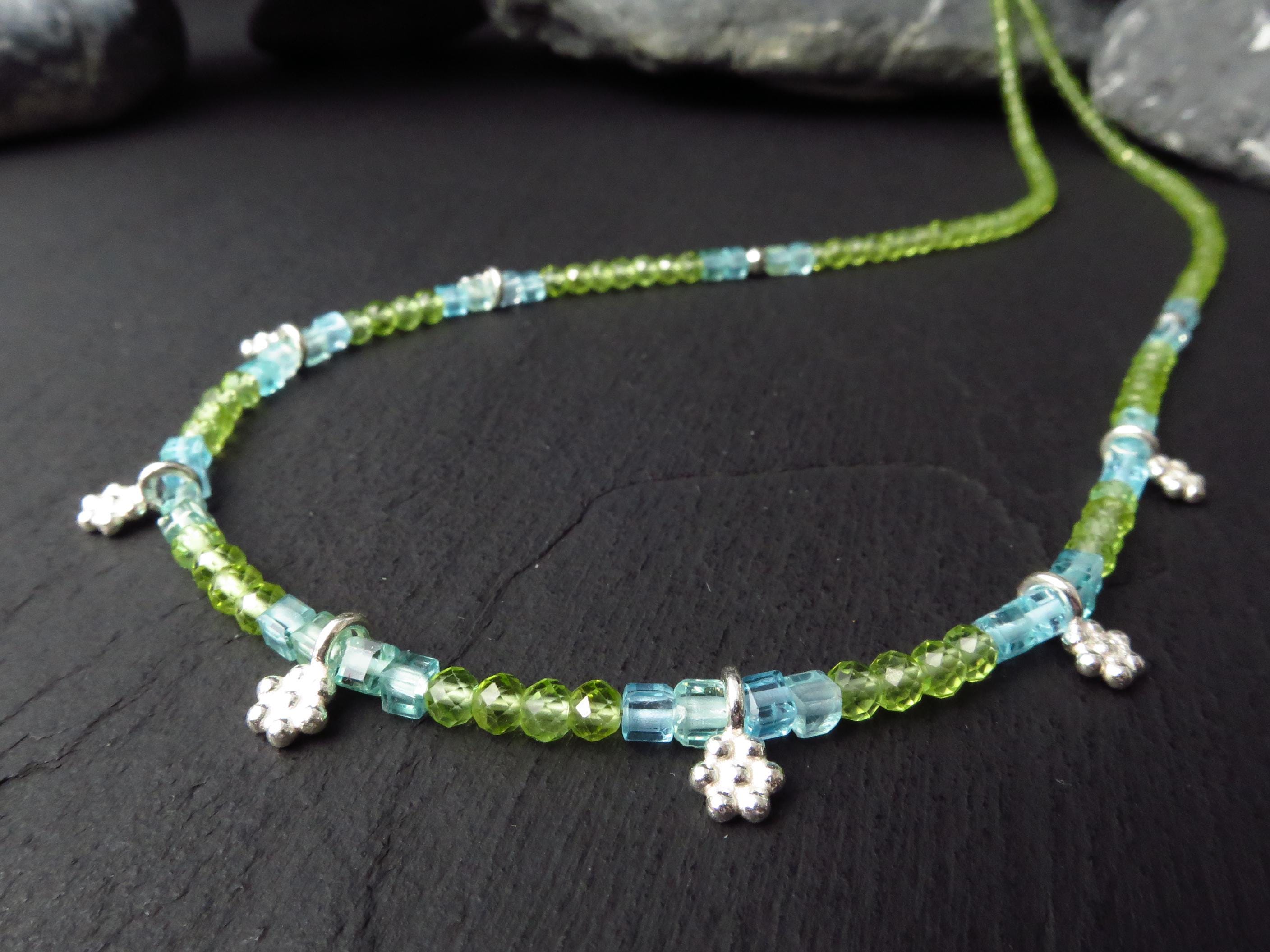 Peridot Kette grün 44,5cm Apatit Würfel Blumen Silber