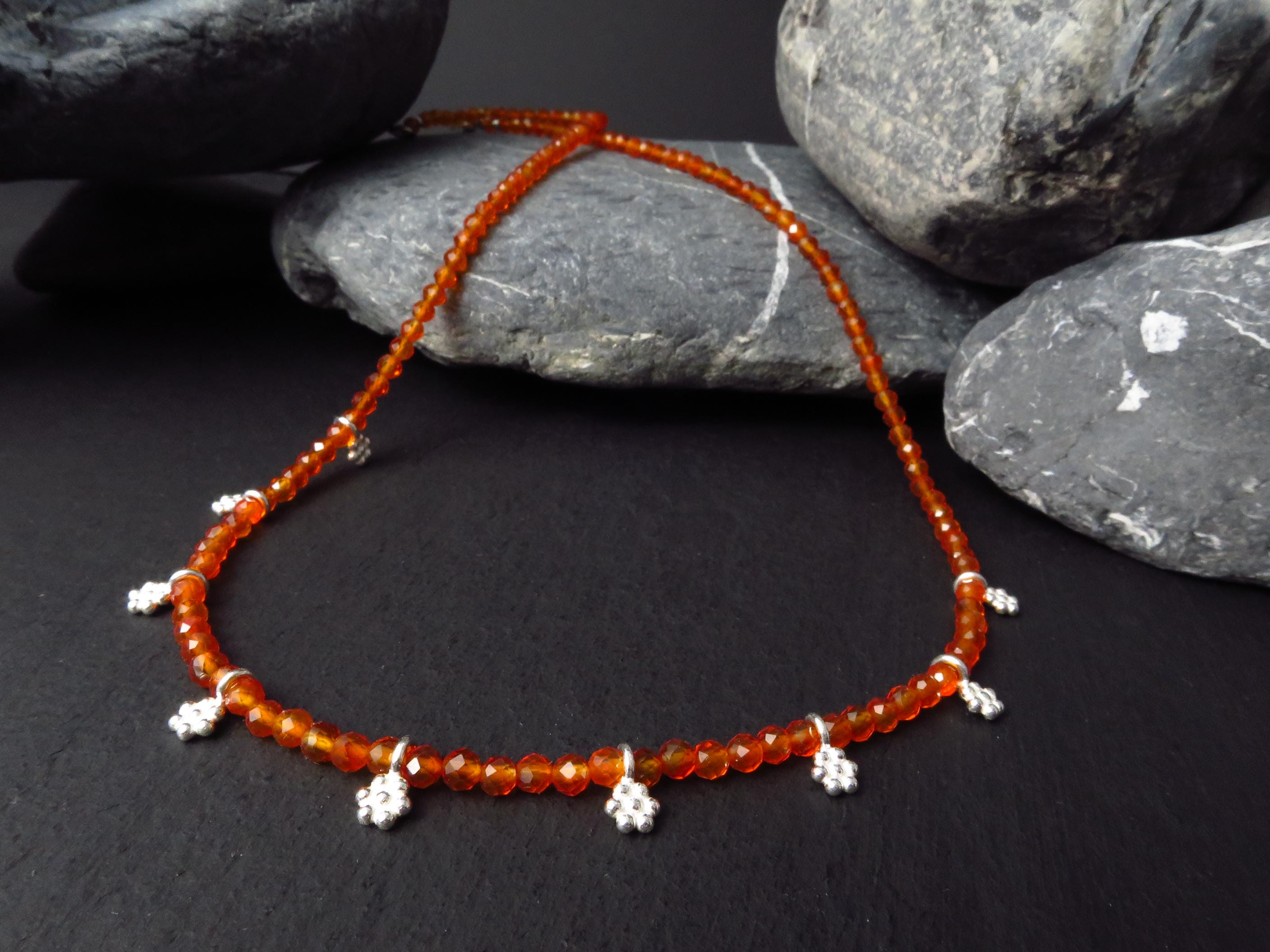 Karneol Kette Edelsteinkette 46cm Blumen Silber