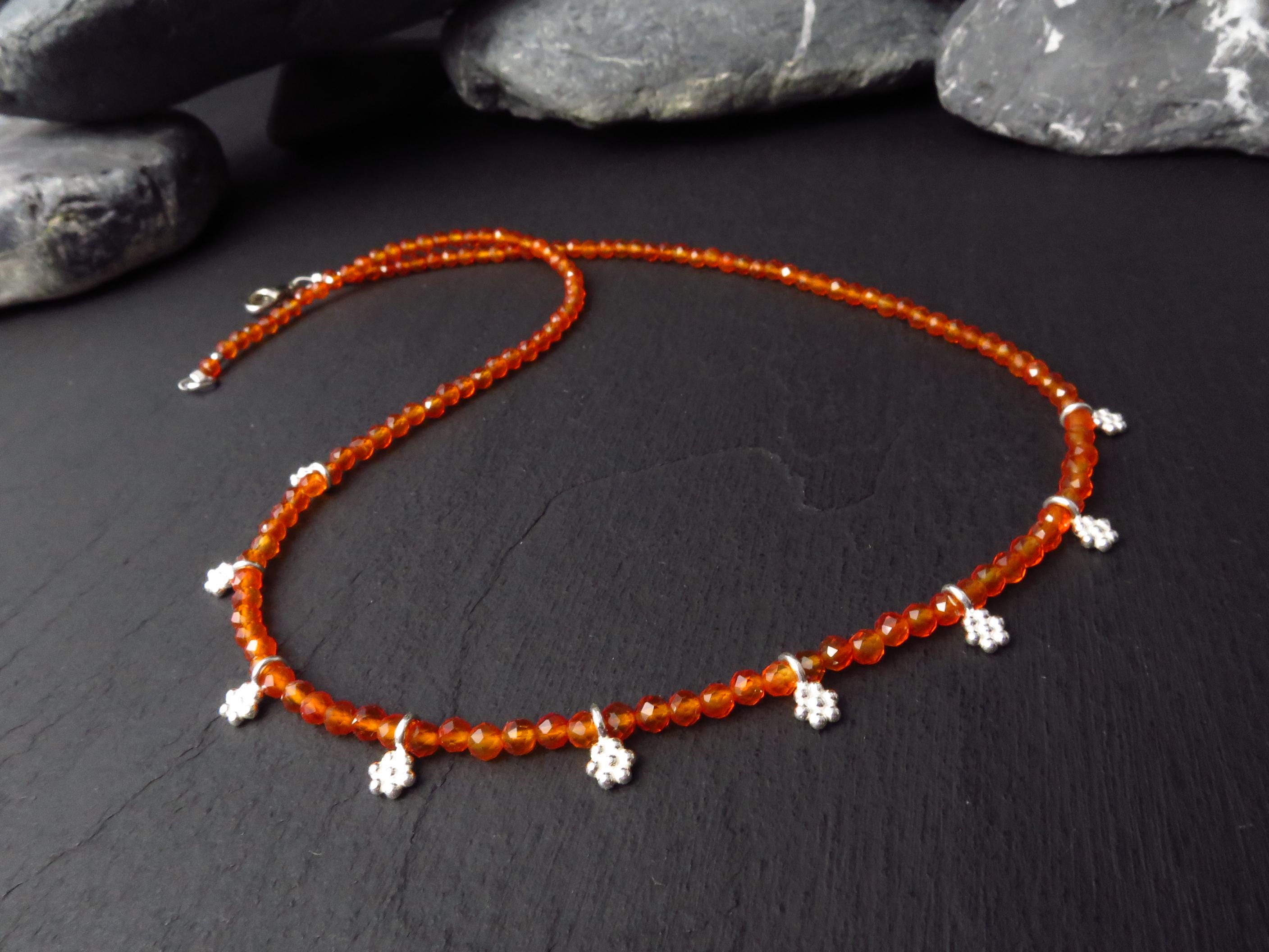 Karneol Kette Edelsteinkette 46cm Blumen Silber