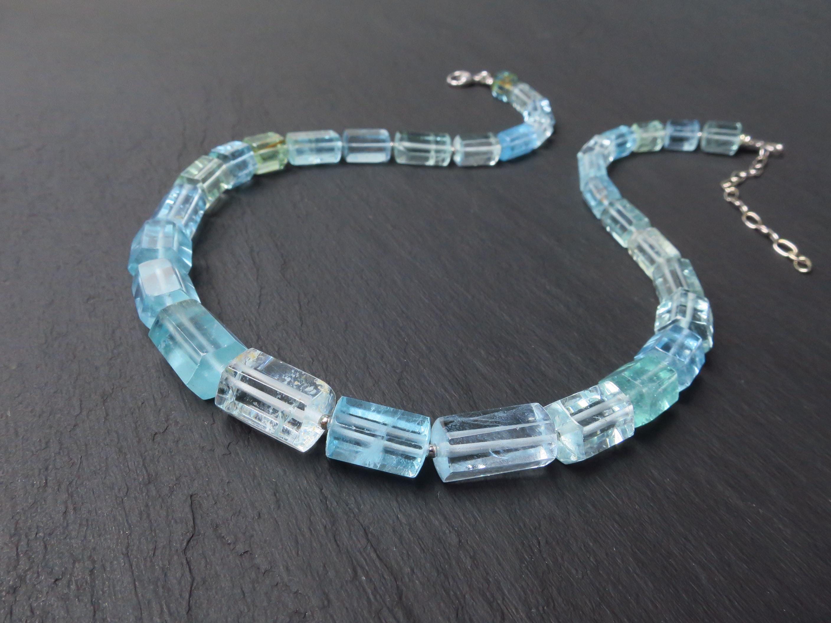 Aquamarin Kette Silber Naturkristalle 47cm blau