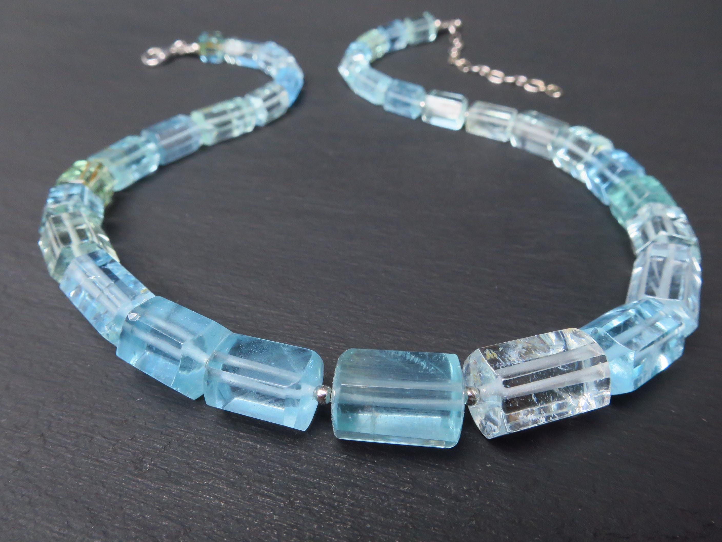 Aquamarin Kette Silber Naturkristalle 47cm blau