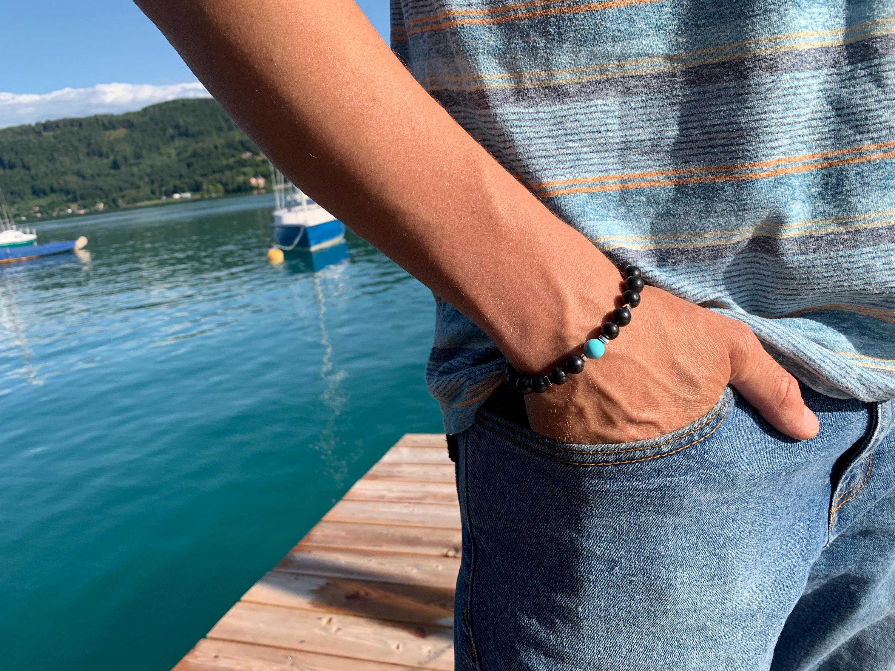 Edelstein Armband für Herren mit Schungit und Türkis