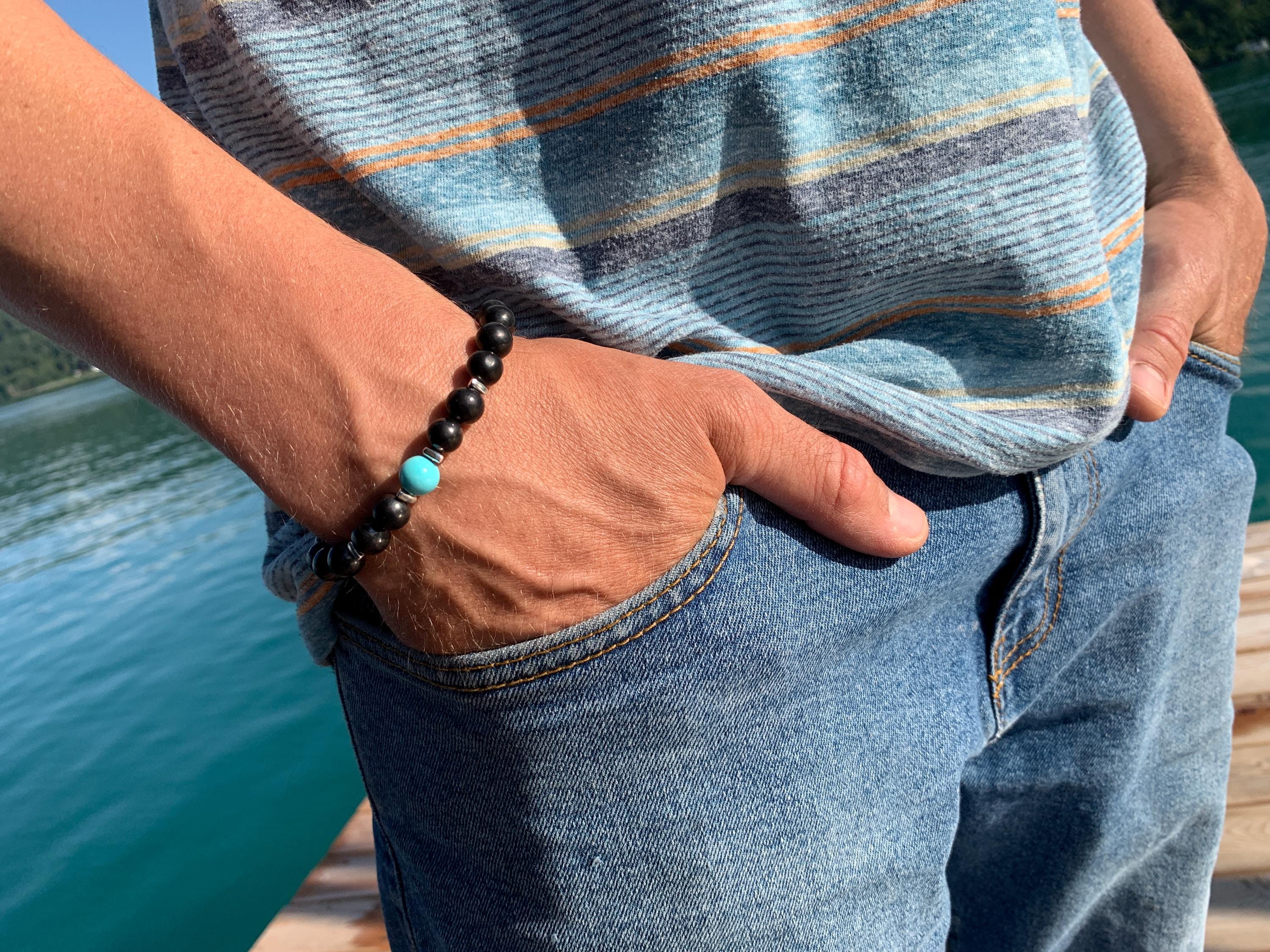 Edelstein Armband für Herren mit Schungit und Türkis