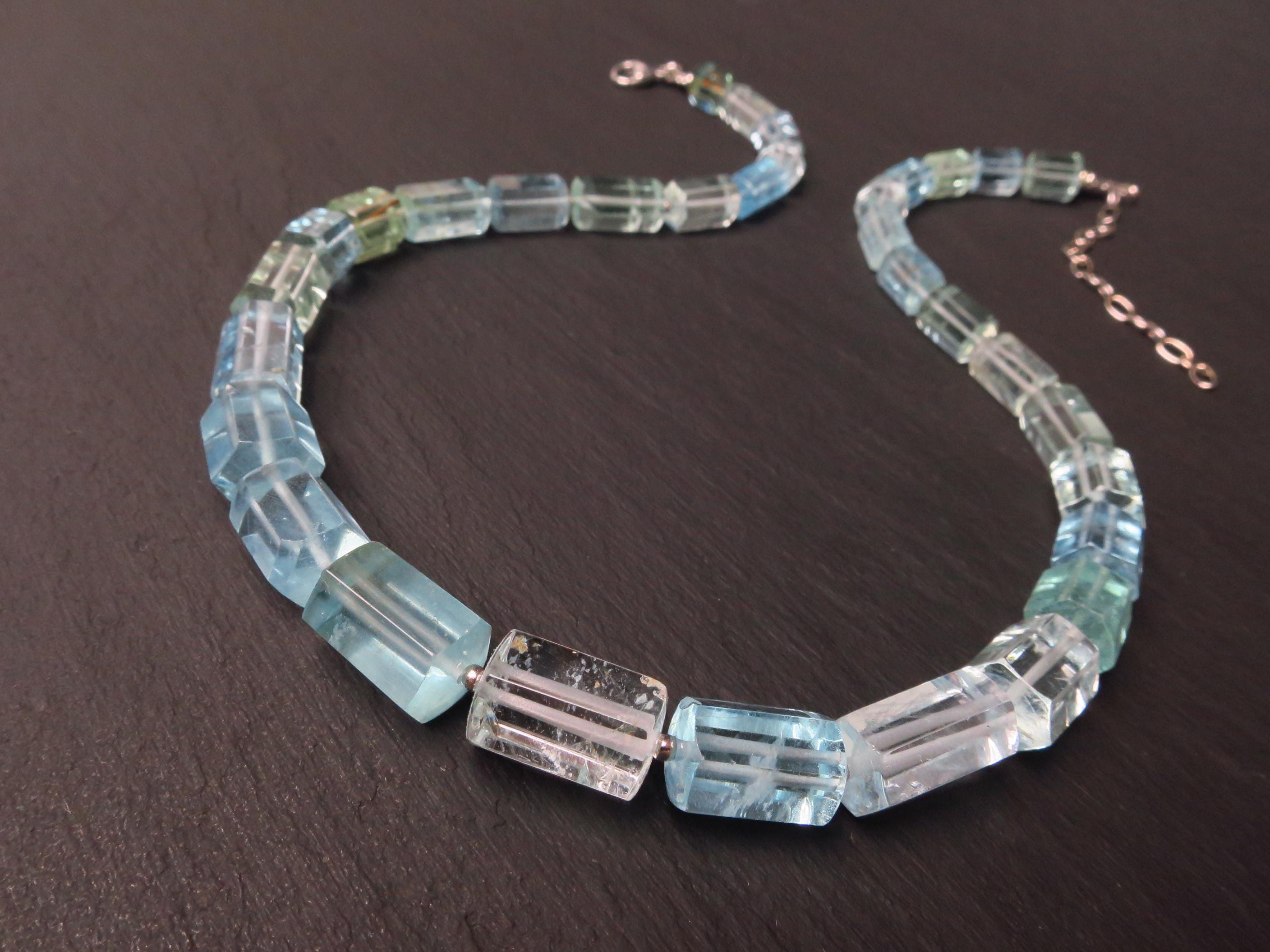 Aquamarin Kette Silber Naturkristalle 47cm blau