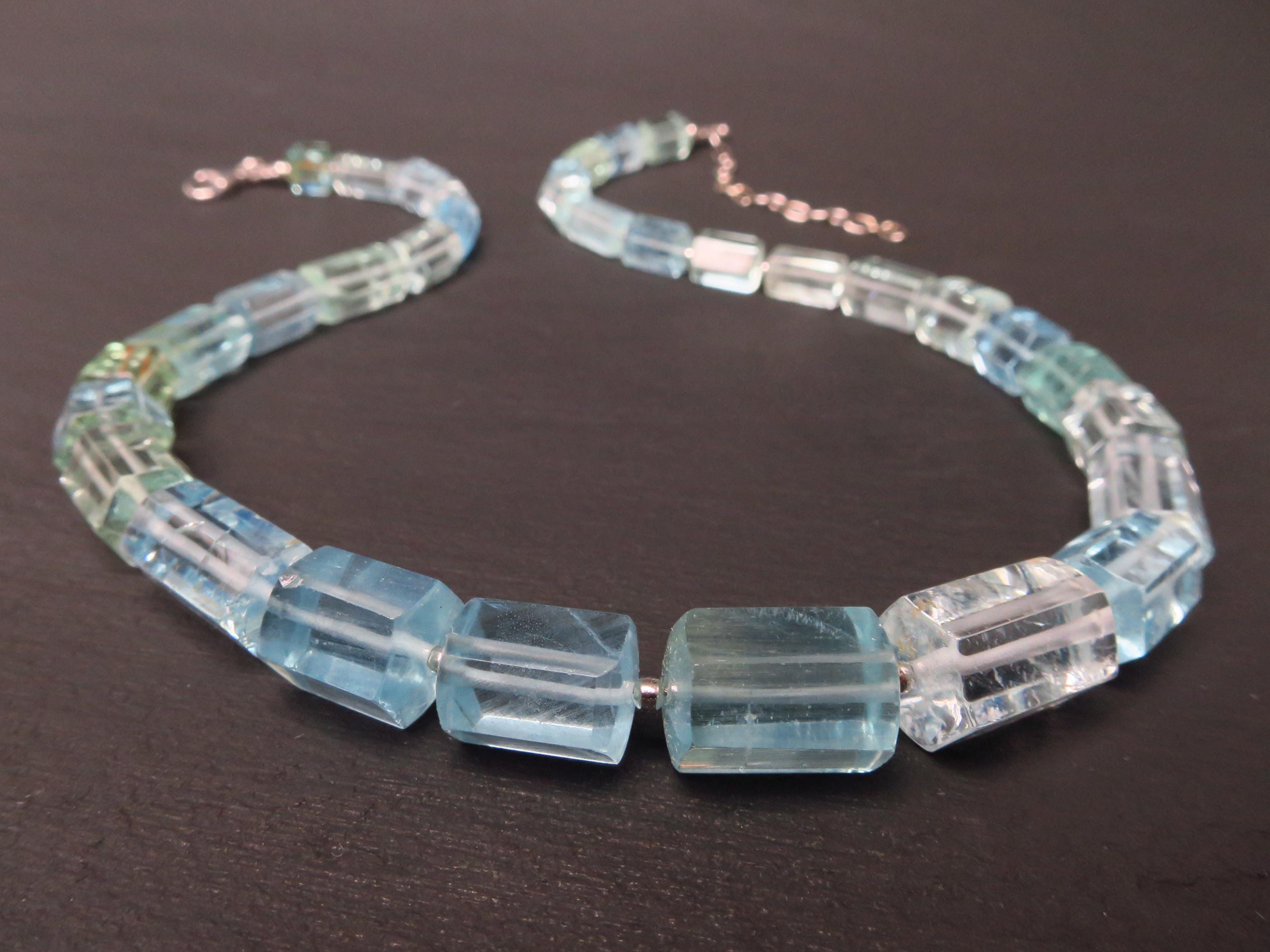 Aquamarin Kette Silber Naturkristalle 47cm blau