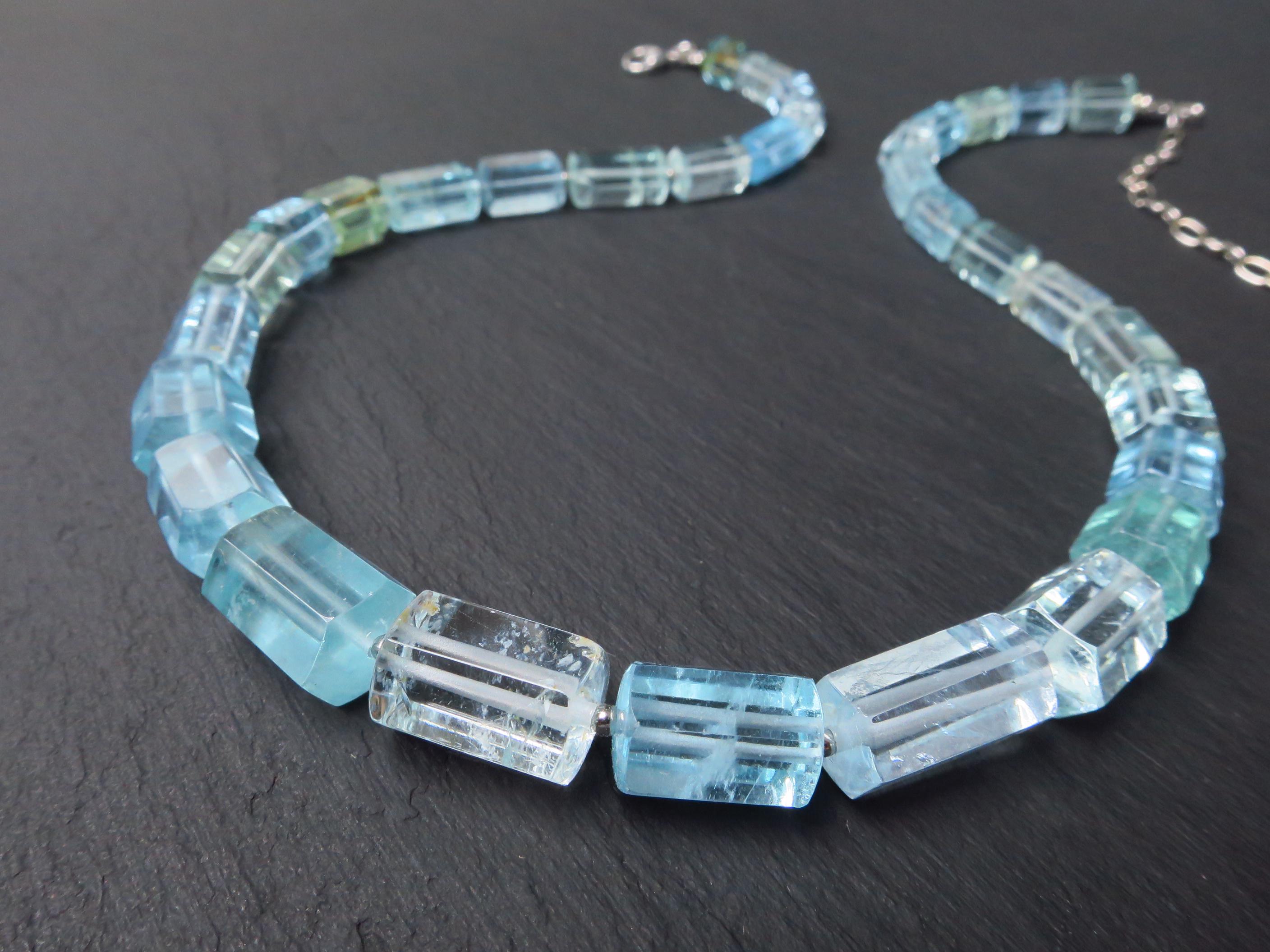 Aquamarin Kette Silber Naturkristalle 47cm blau