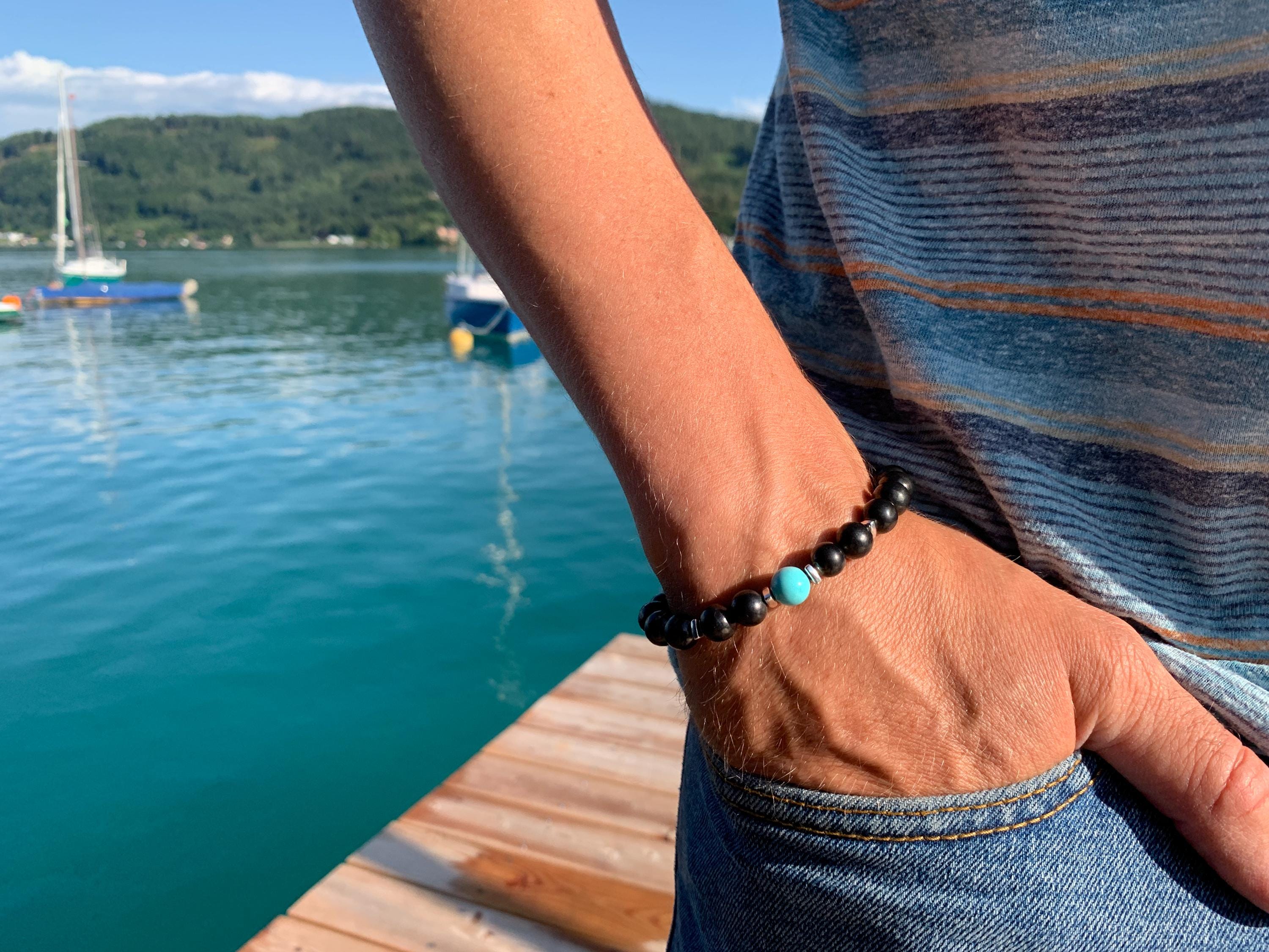 Edelstein Armband für Herren mit Schungit und Türkis