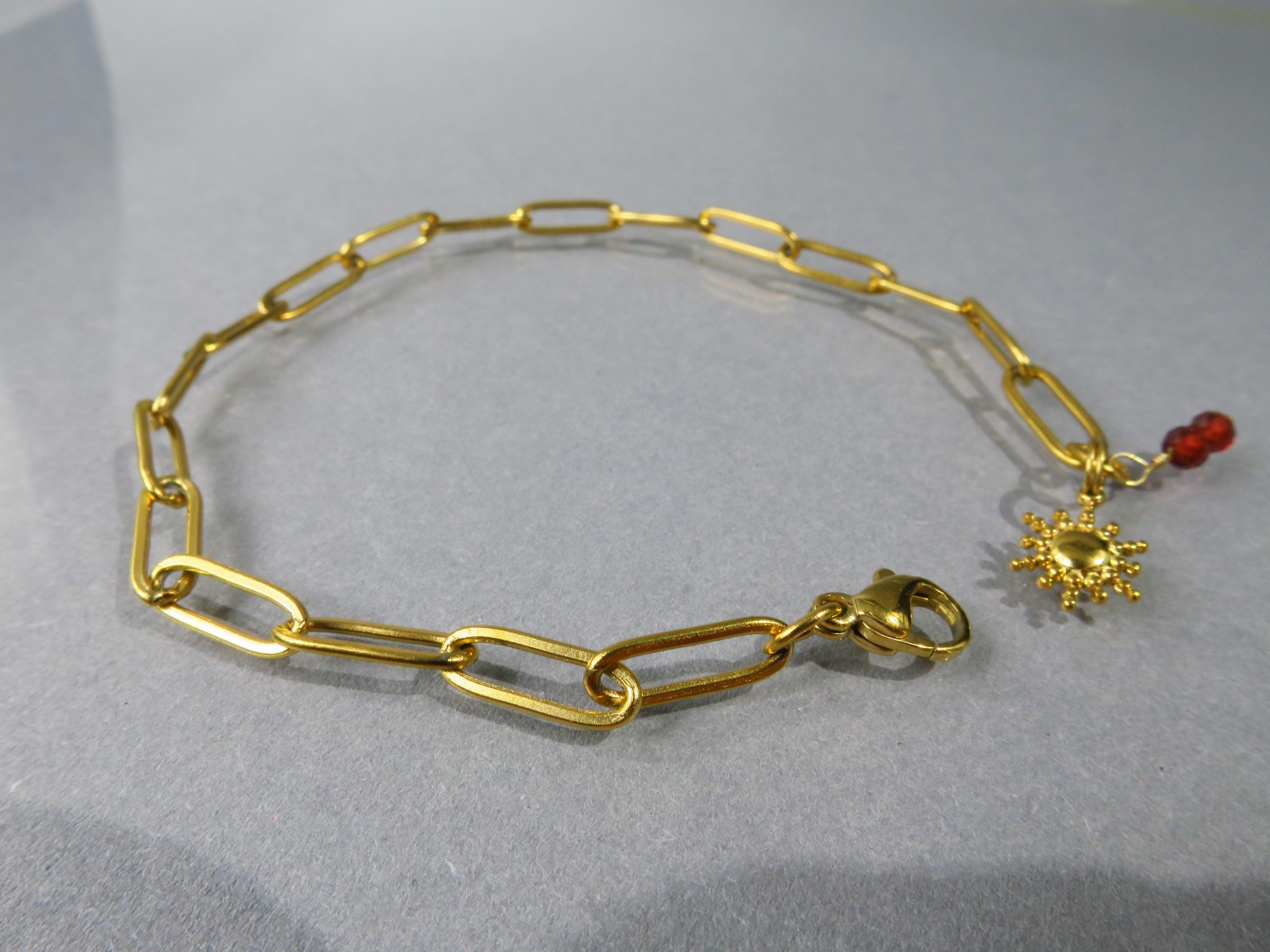 Edelstahl Paperclip Armband 18 Karat PVD Gold beschichteten Edelstahl Granat Sonnen Anhänger