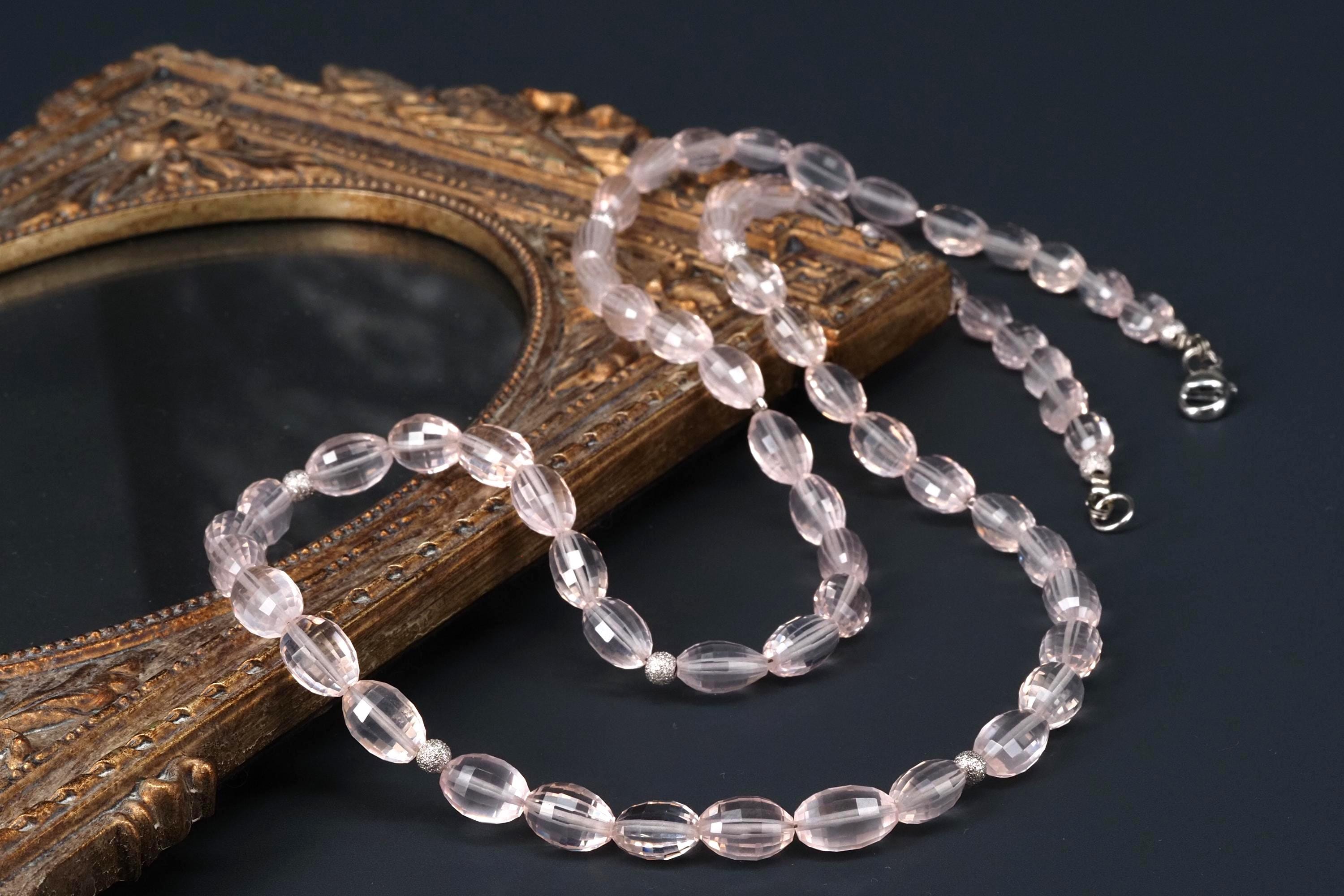 Lange Rosenquarz Kette mit Sterling Silber Verschluss, 70 cm rosa Edelstein Halskette