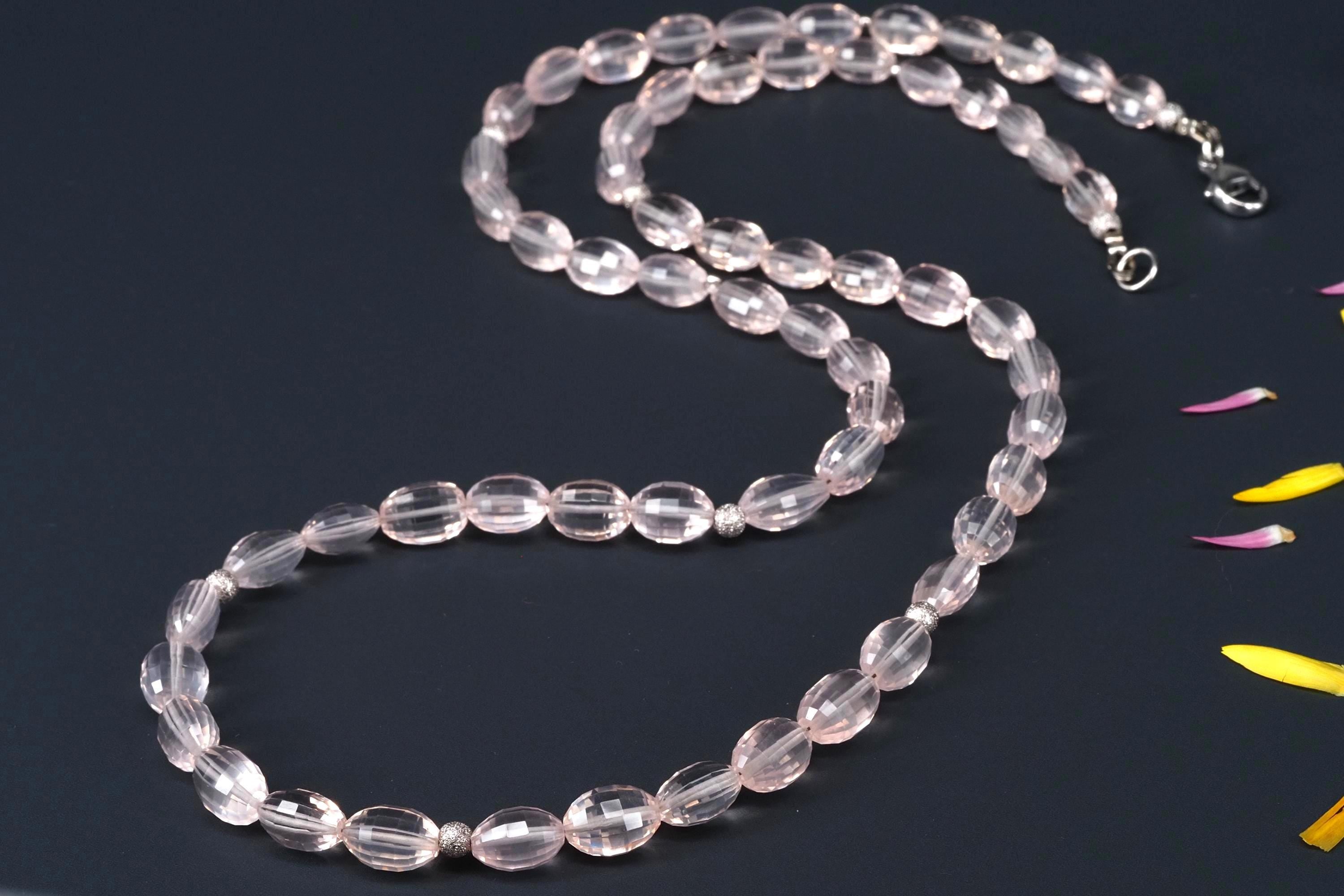 Lange Rosenquarz Kette mit Sterling Silber Verschluss, 70 cm rosa Edelstein Halskette