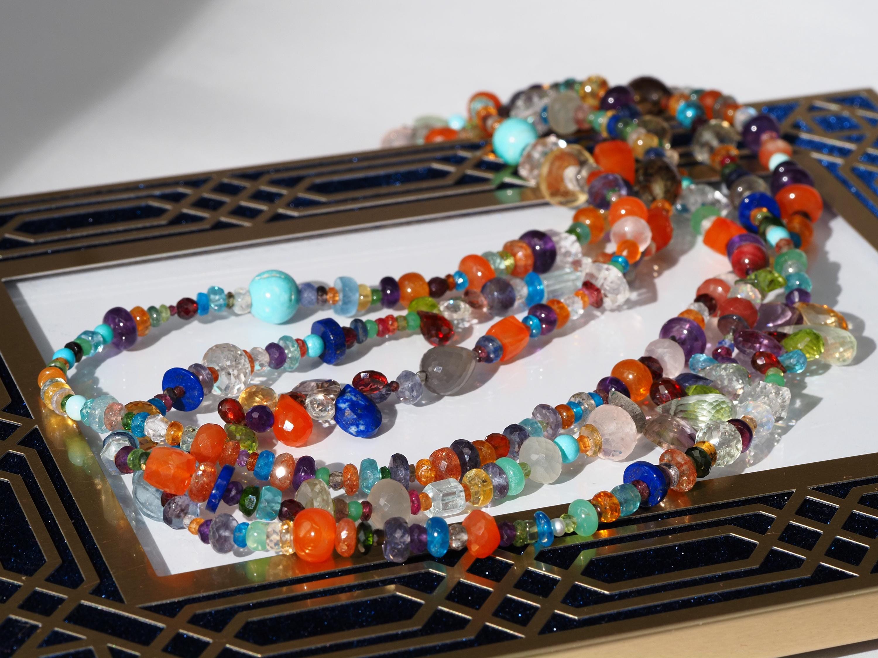 Lange Bunte Edelstein Kette Länge 143cm Endlos Halskette