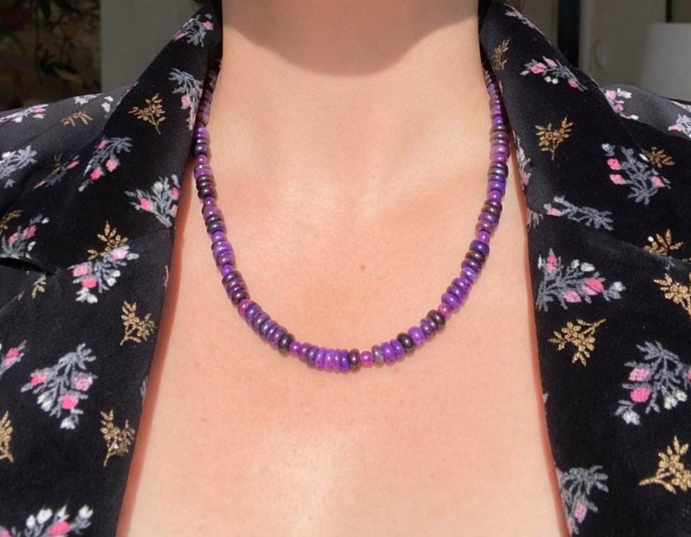 Sugilith Kette Silber echte Sugilit Halskette Rondelle Lila Edelstein Collier Sugilith unbehandelte Sugilith Perlen Kette Afrika Sugilit