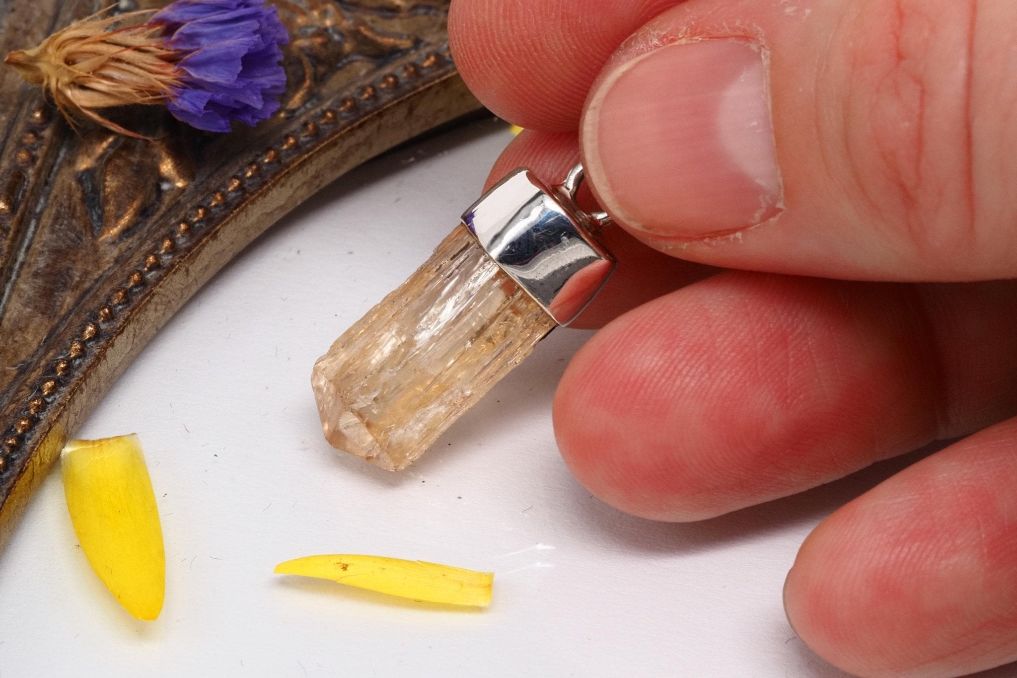 Imperial Topas Anhänger echter Gold Topas Kristall aus Brasilien gefasst in 925 Sterling Silber Natur Spitze