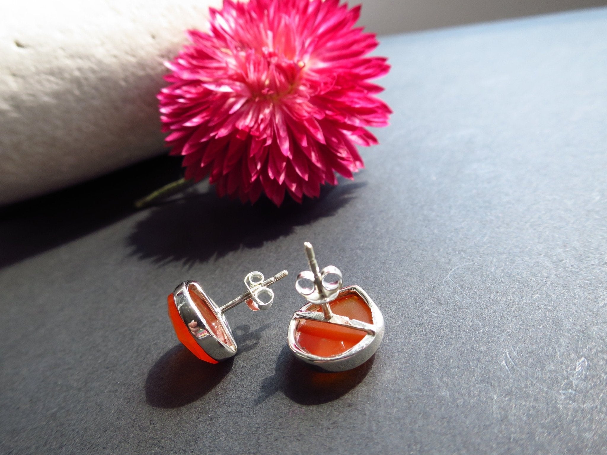 Karneol Ohrstecker Silber Rose cut 925 Sterling Unikat