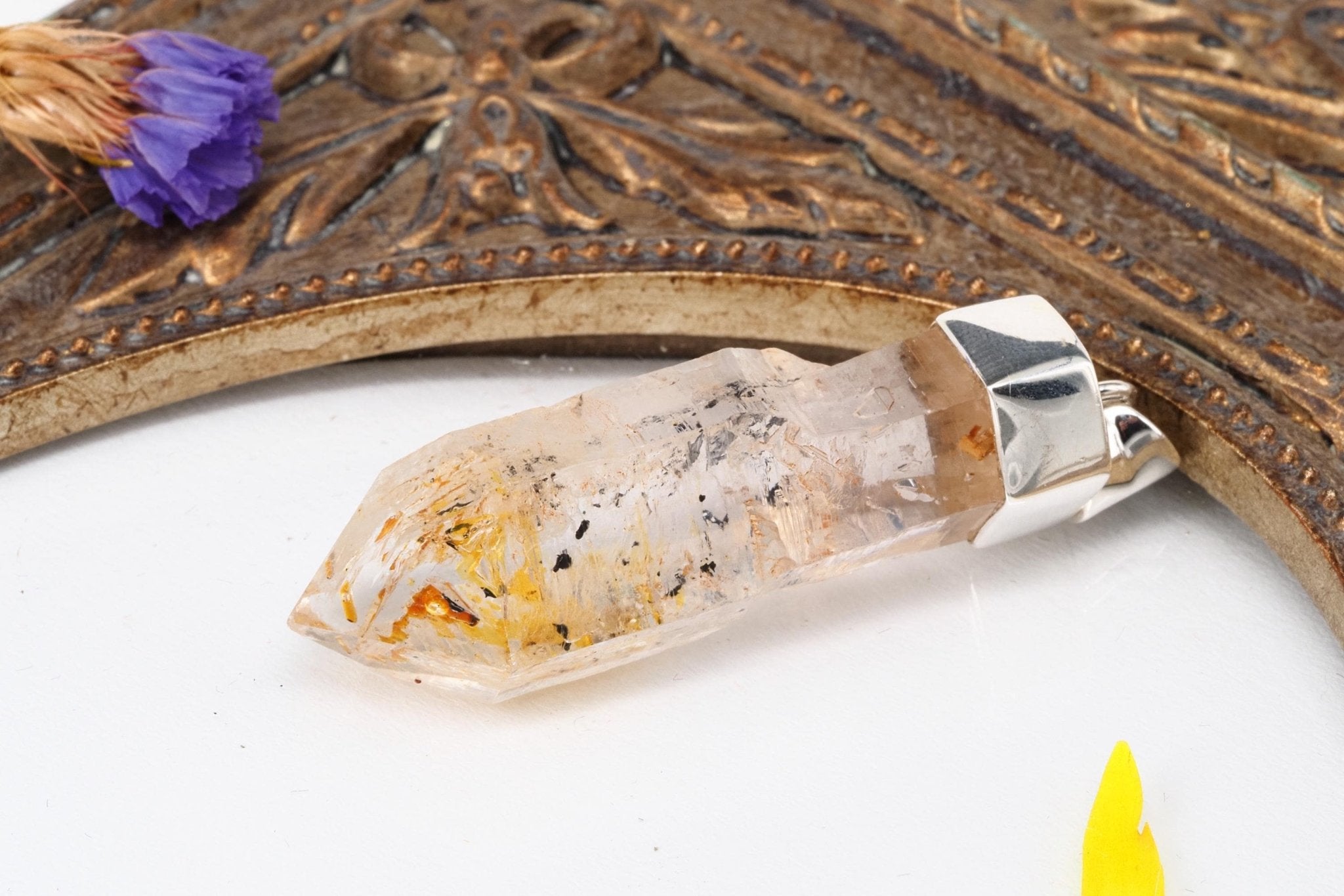 Petroleum Quarz AnhÀnger Firefly Kristall aus Madagaskar gefasst in 925 Sterling Silber UV Kristall Zepter