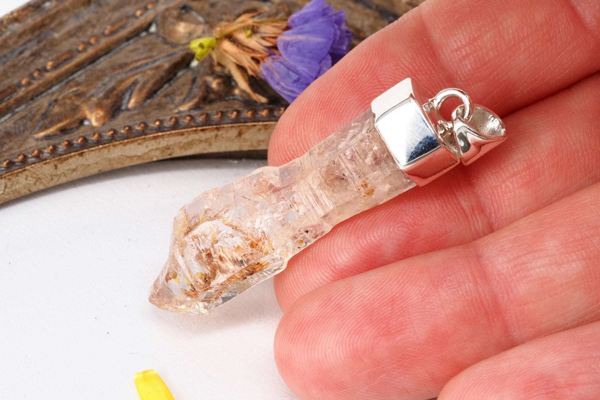 Petroleum Quarz AnhÀnger Firefly Kristall aus Madagaskar gefasst in 925 Sterling Silber UV Kristall Zepter