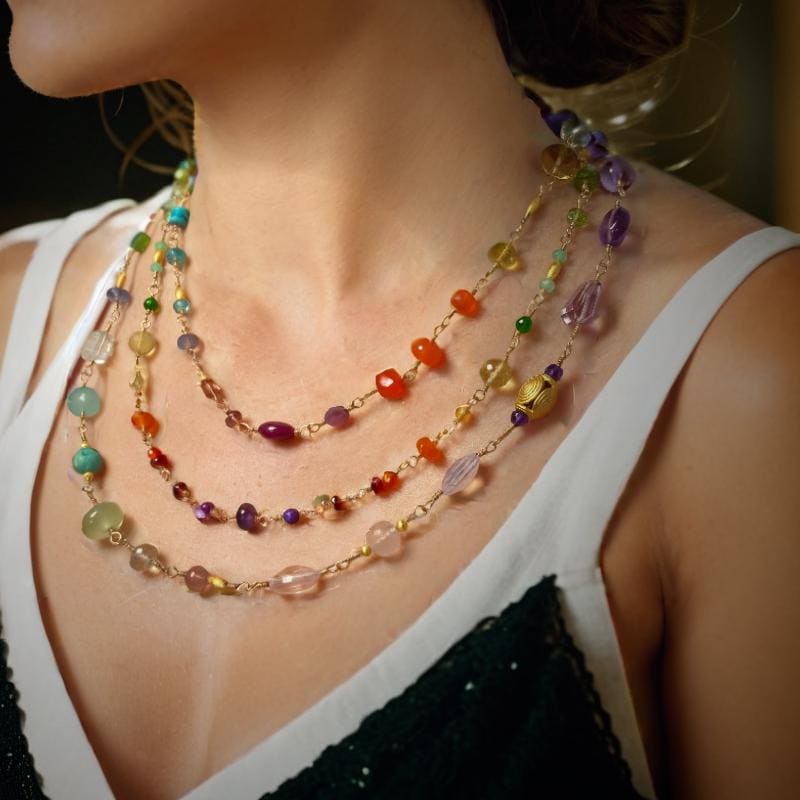 Rosenkranz Kette mit bunten Edelsteinen Gold filled Rosary Halskette AAA Qualität