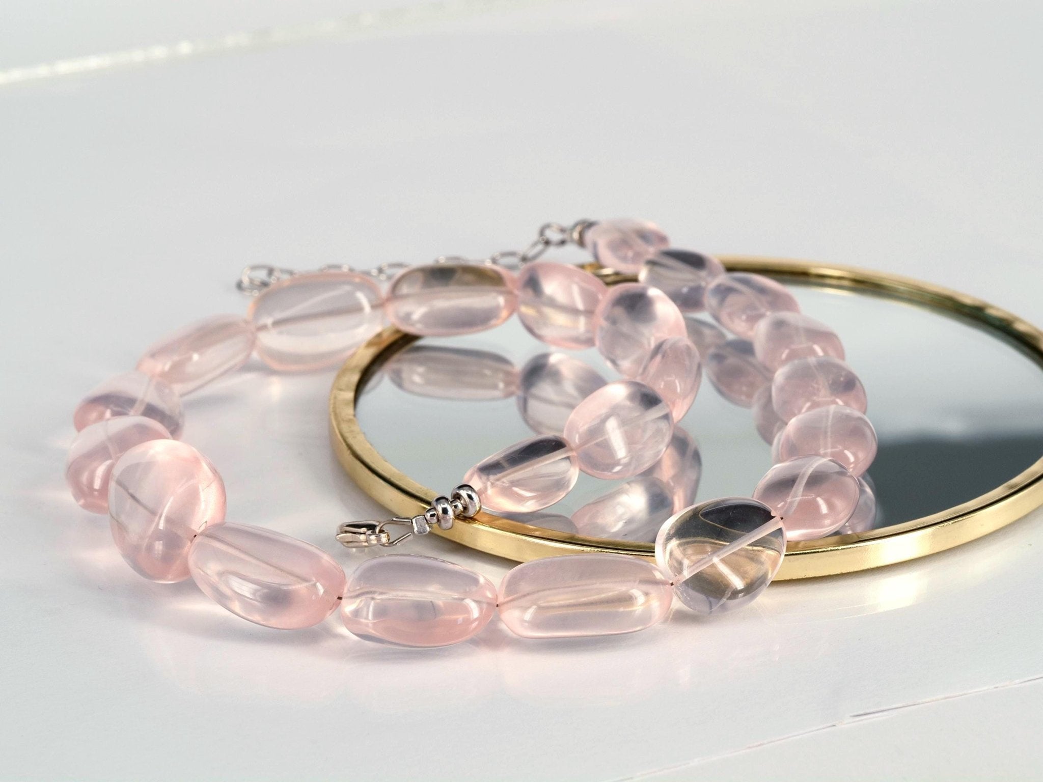 Rosenquarz Kette Damen – Natürliche Edelsteinkette mit großen Nugget - Perlen | 925 Silber | Handgefertigt