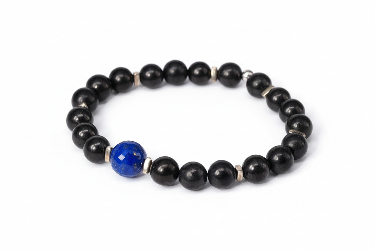 Schungit Armband – edles Unisex - Edelsteinarmband mit Lapislazuli & Silberdetails