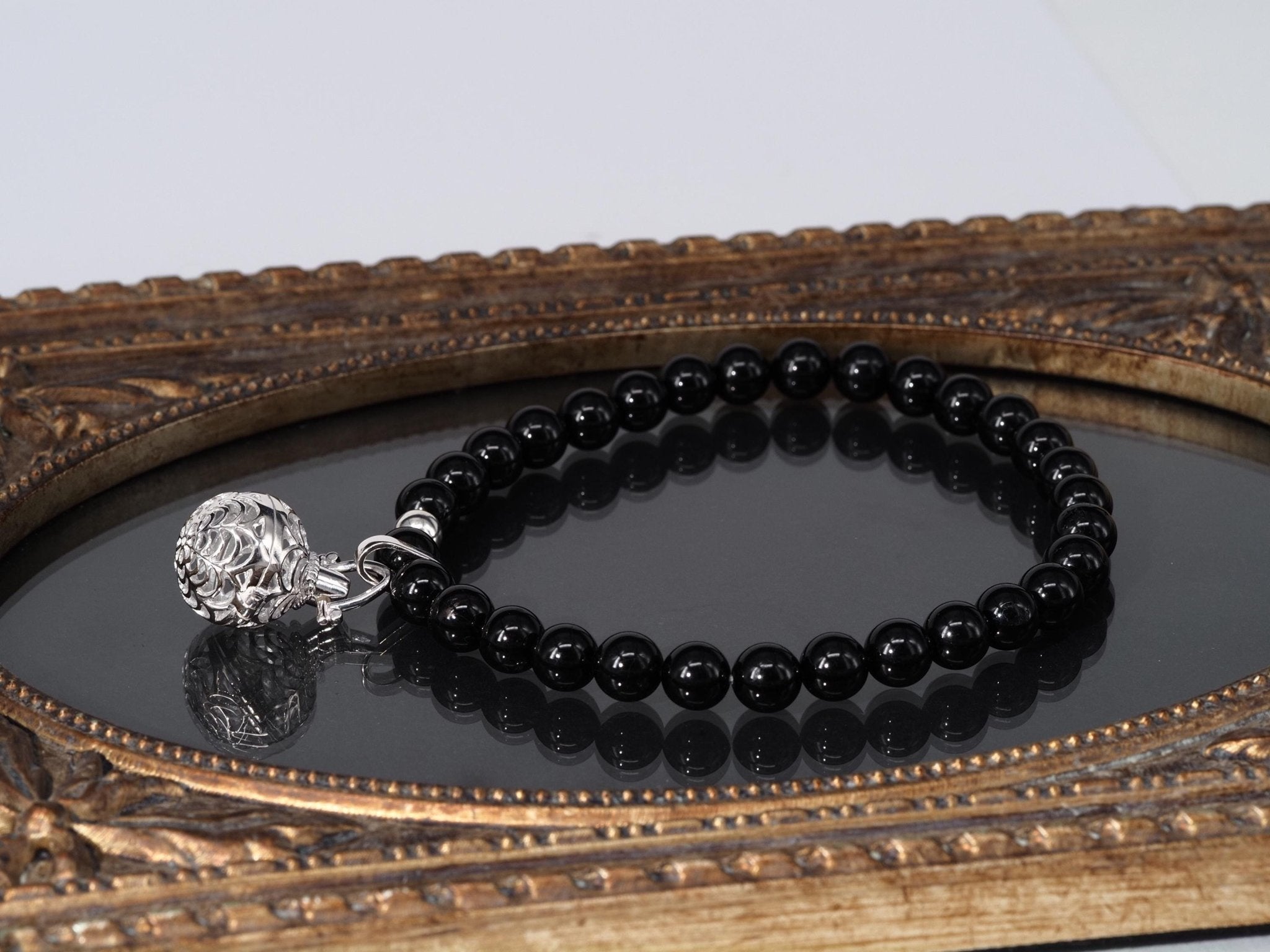 Schwarzes Turmalin Armband – Kugelarmband mit Silber - Kugel