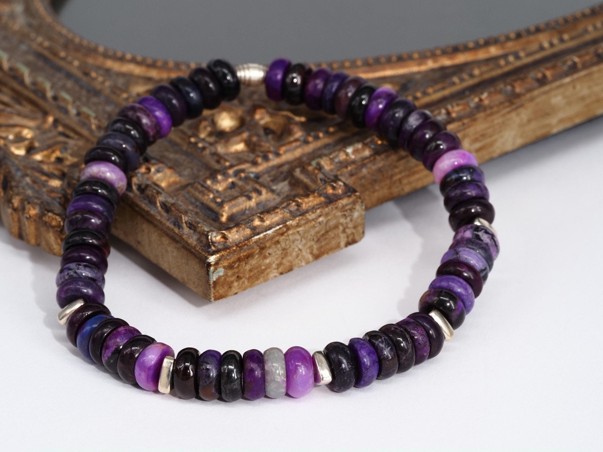 Sugilith Armband 100% Natur Edelstein Sterling Silber elastisch für Herren und Damen