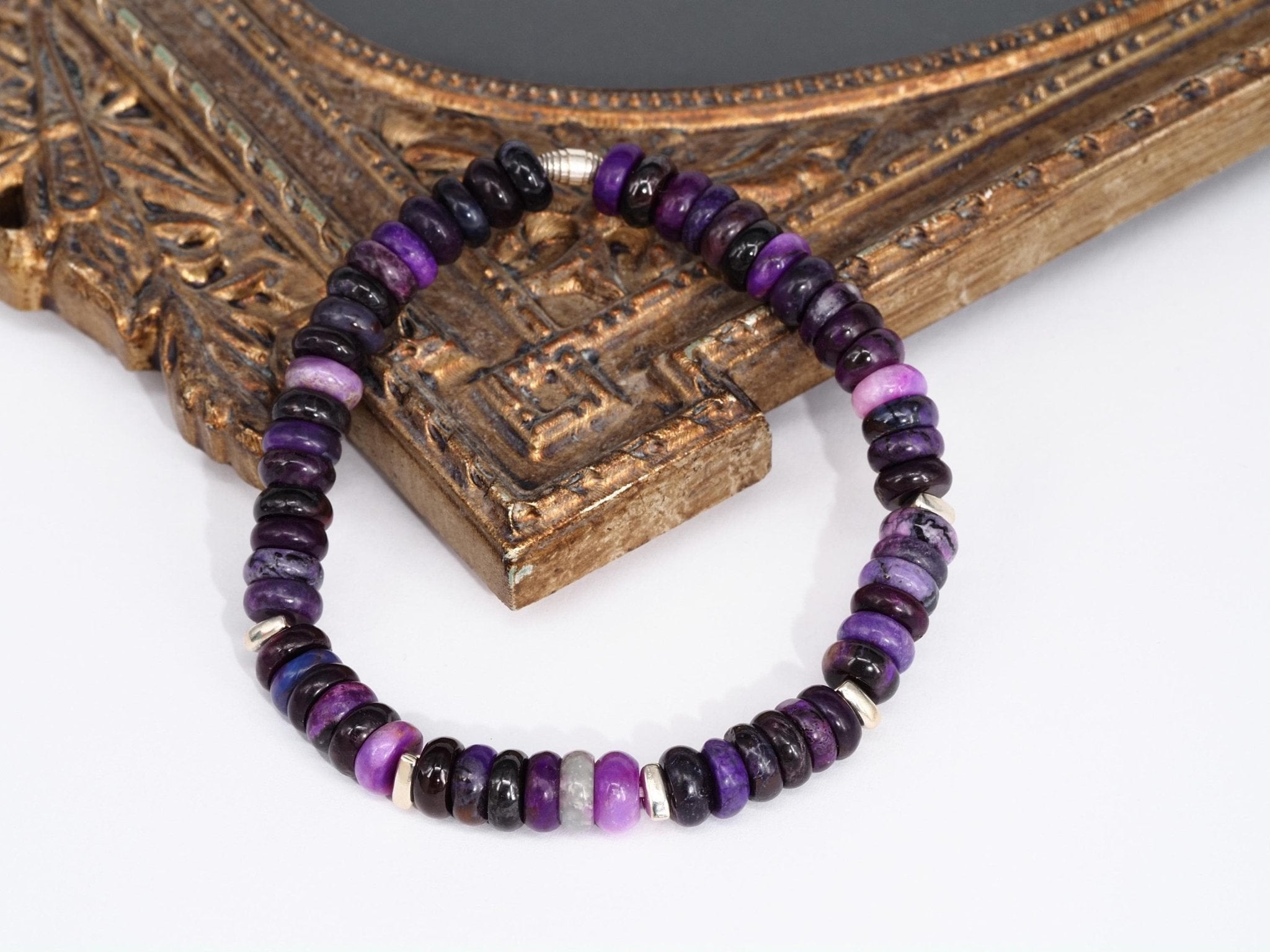 Sugilith Armband 100% Natur Edelstein Sterling Silber elastisch für Herren und Damen