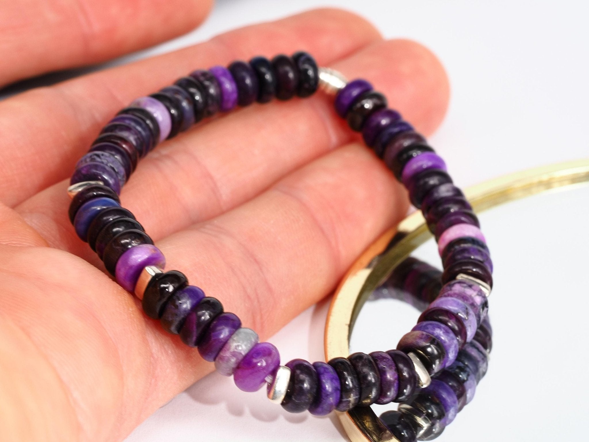 Sugilith Armband 100% Natur Edelstein Sterling Silber elastisch für Herren und Damen