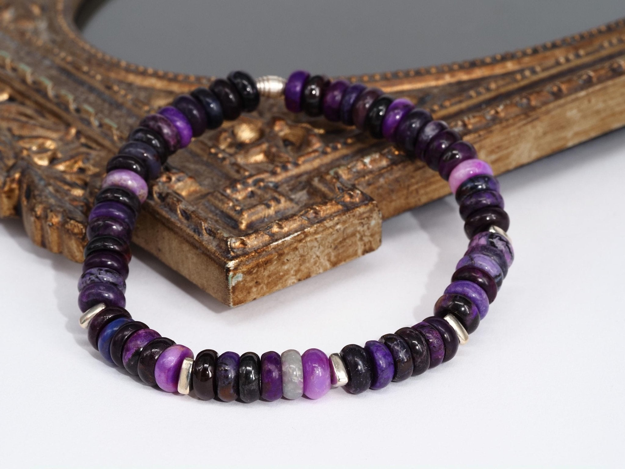 Sugilith Armband 100% Natur Edelstein Sterling Silber elastisch für Herren und Damen