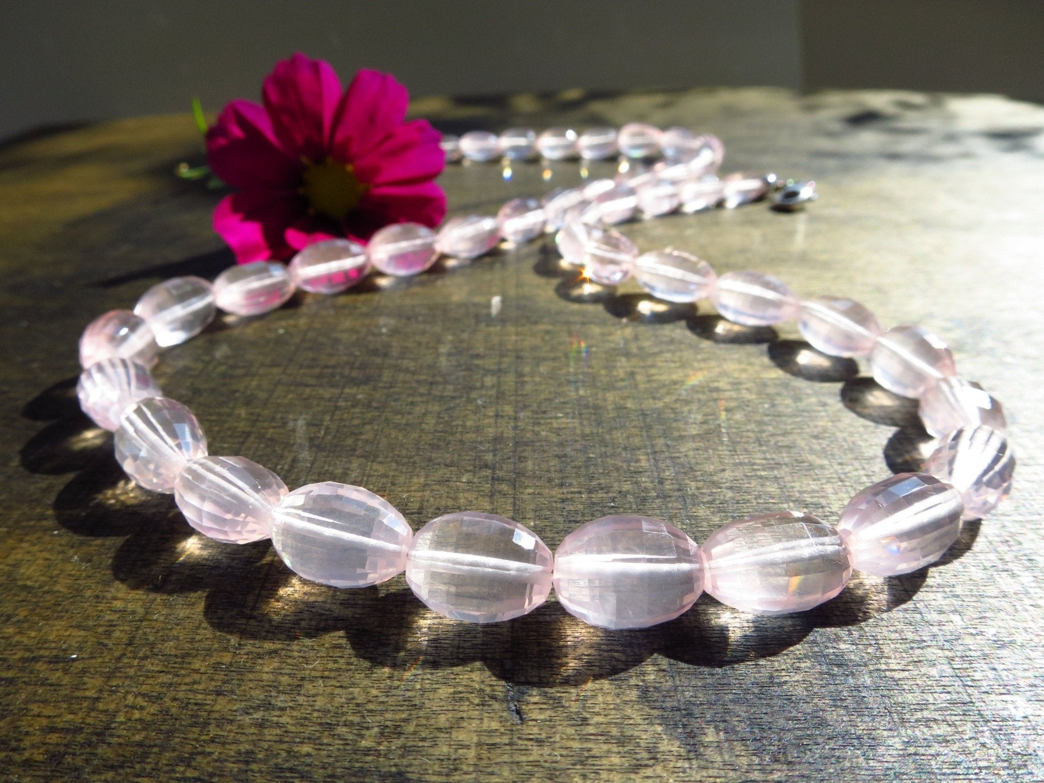 Top Rosenquarz Edelstein Kette 925 Silber Verschluss