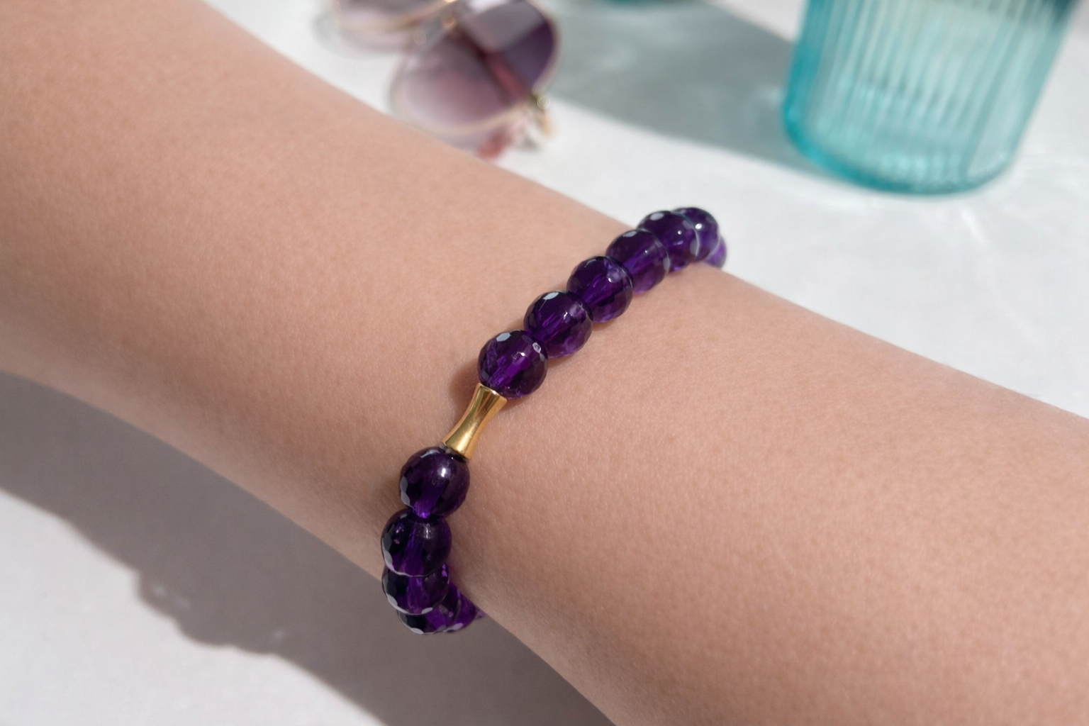 Amethyst gemstone bracelet in purple and gold, stacking bracelet, bangle bracelet