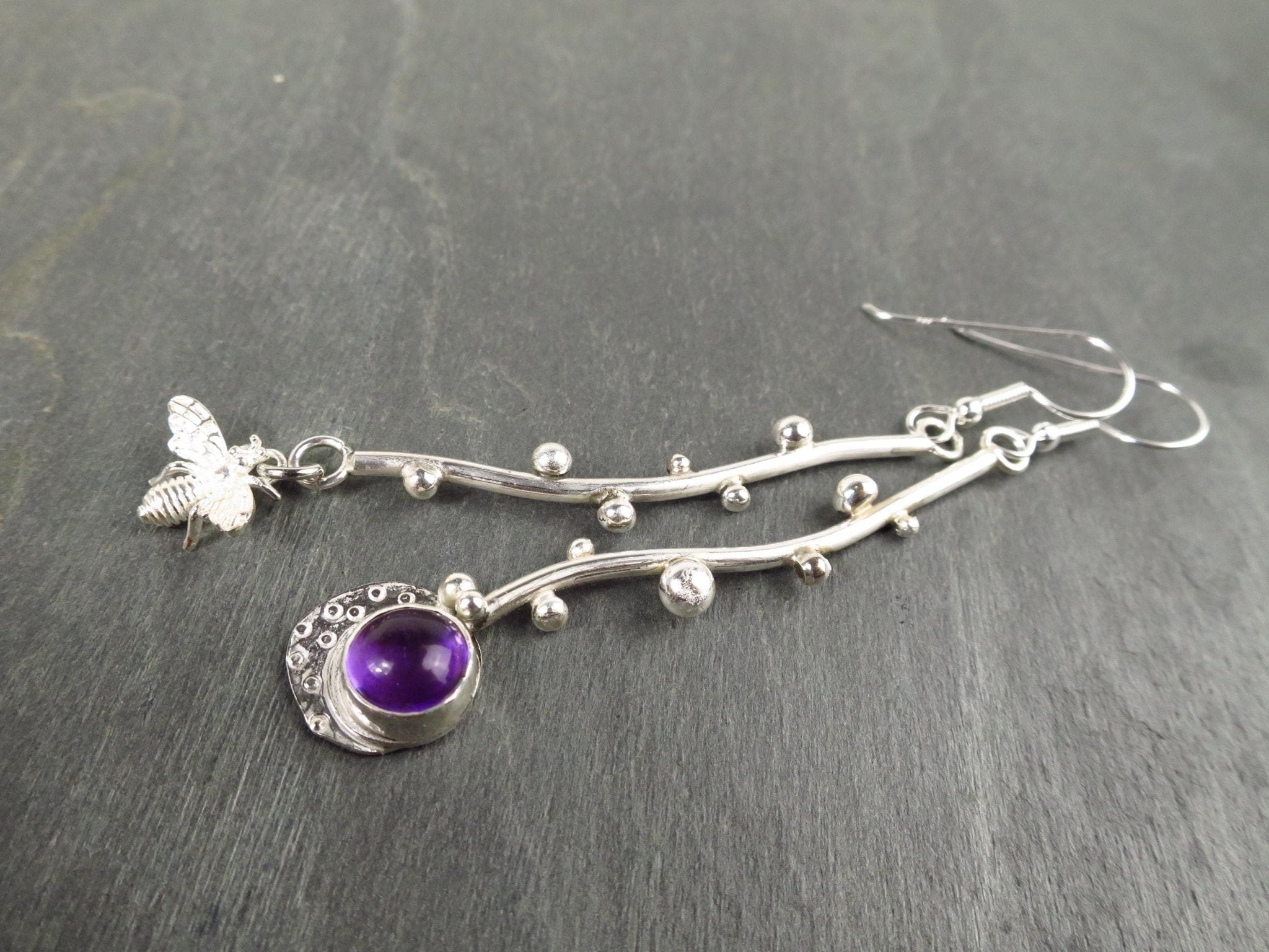 Amethyst Ohrhänger Silber Amethyst Silber Ohrringe Silber Biene Unikat Boho Ohrhänger lange Stein Ohrringe Lila Stein Silber Ohrschmuck